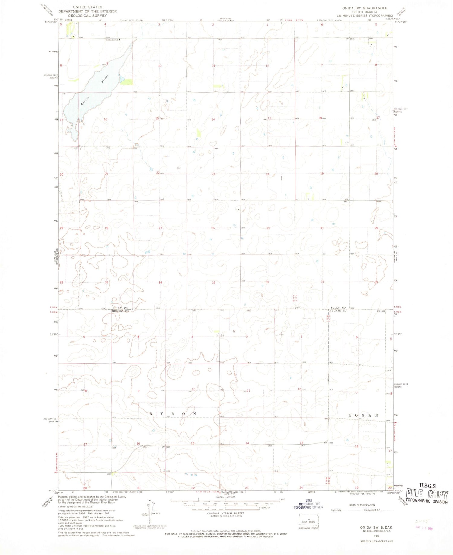 Classic USGS Onida SW South Dakota 7.5'x7.5' Topo Map Image