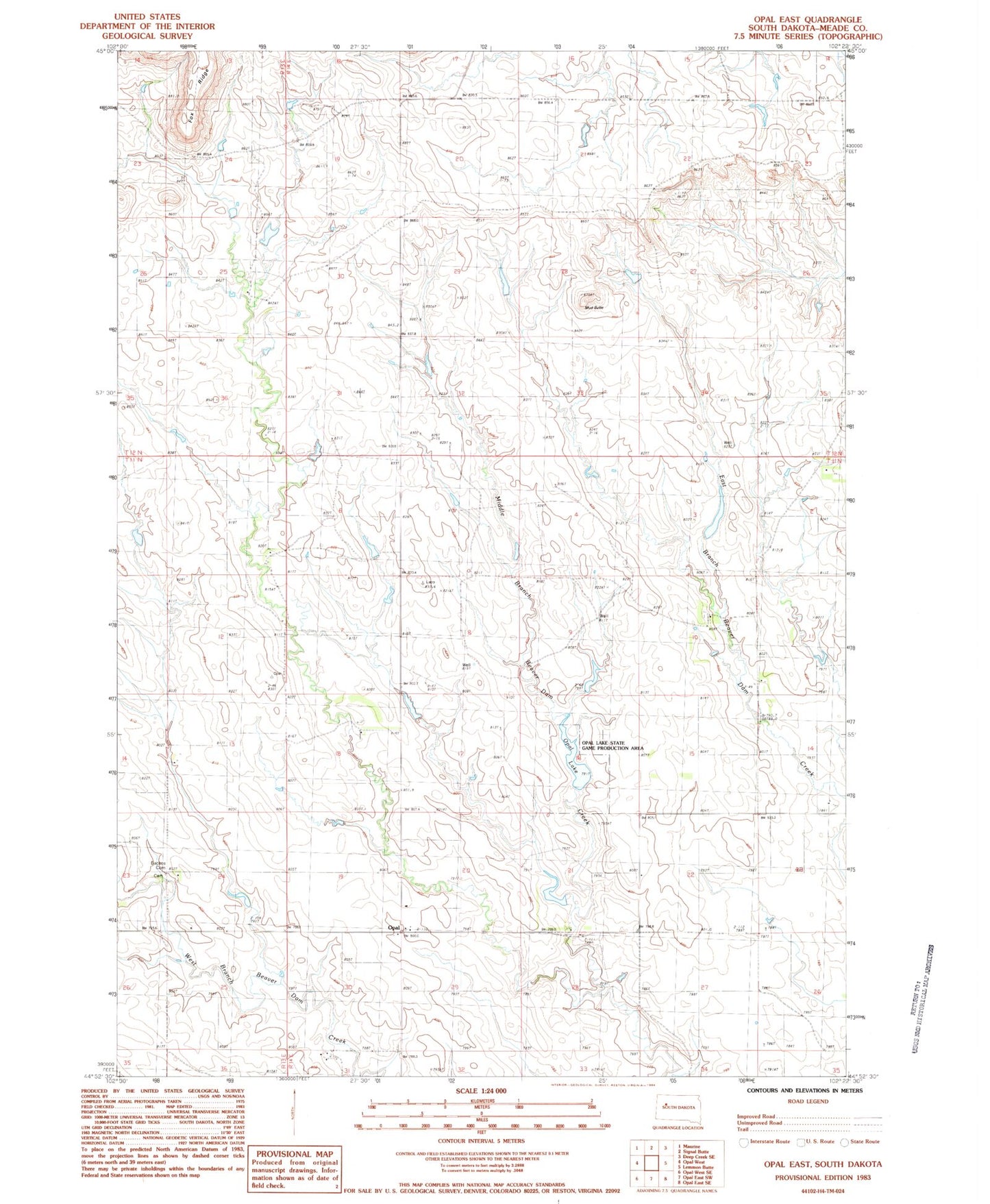 Classic USGS Opal East South Dakota 7.5'x7.5' Topo Map Image