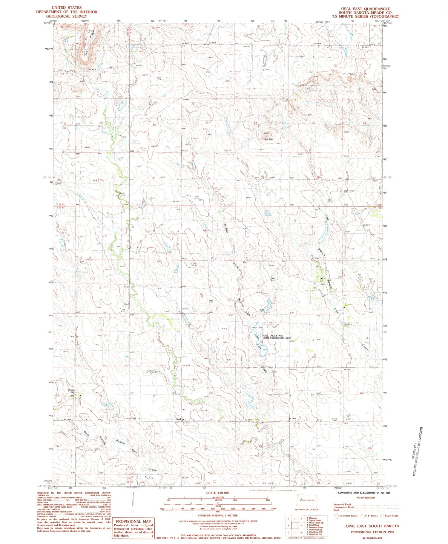 Classic USGS Opal East South Dakota 7.5'x7.5' Topo Map Image