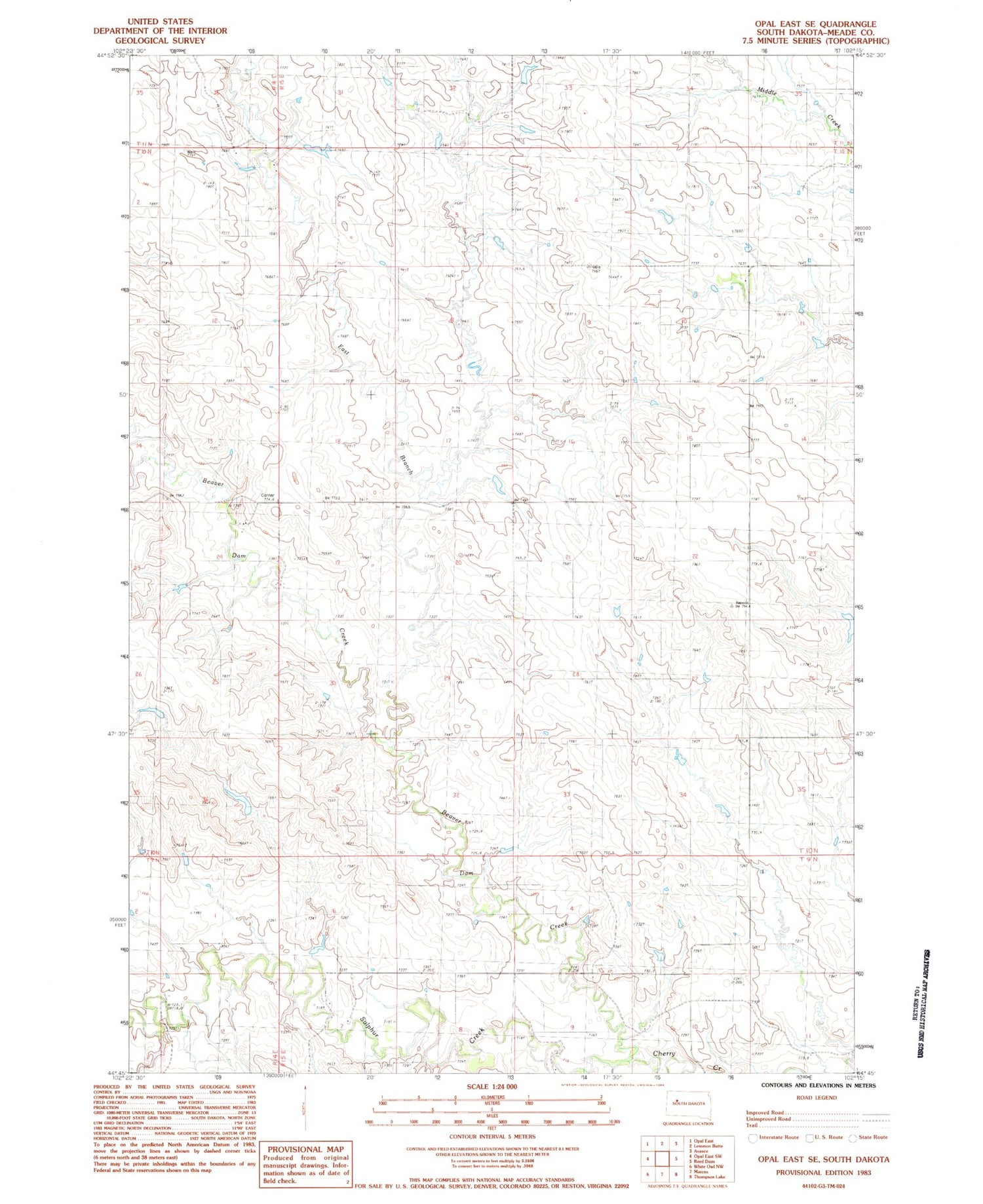 Classic USGS Opal East SE South Dakota 7.5'x7.5' Topo Map Image