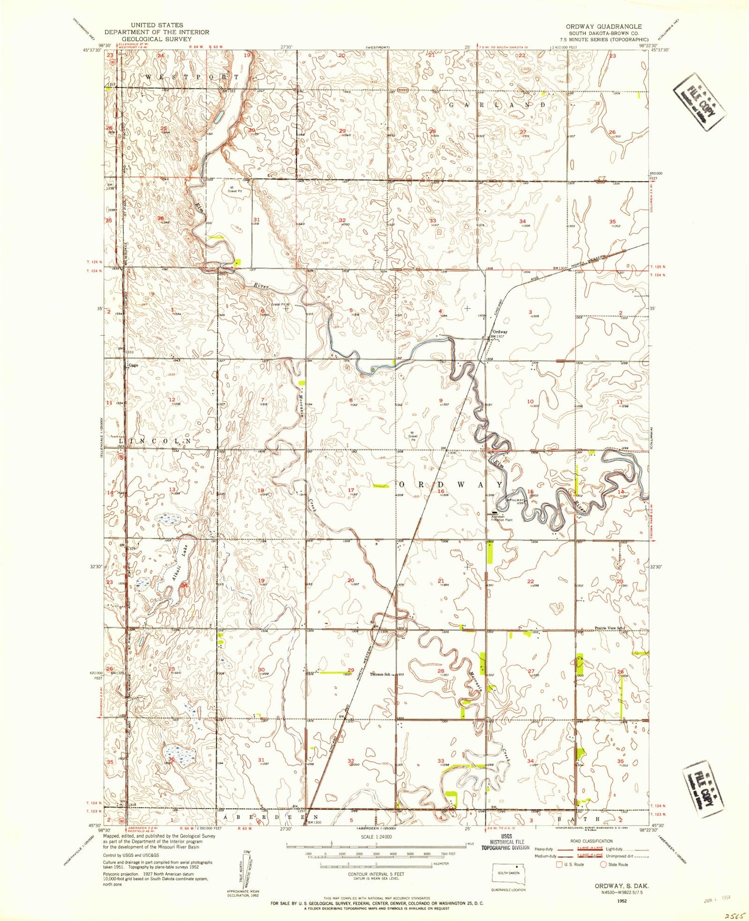 Classic USGS Ordway South Dakota 7.5'x7.5' Topo Map Image