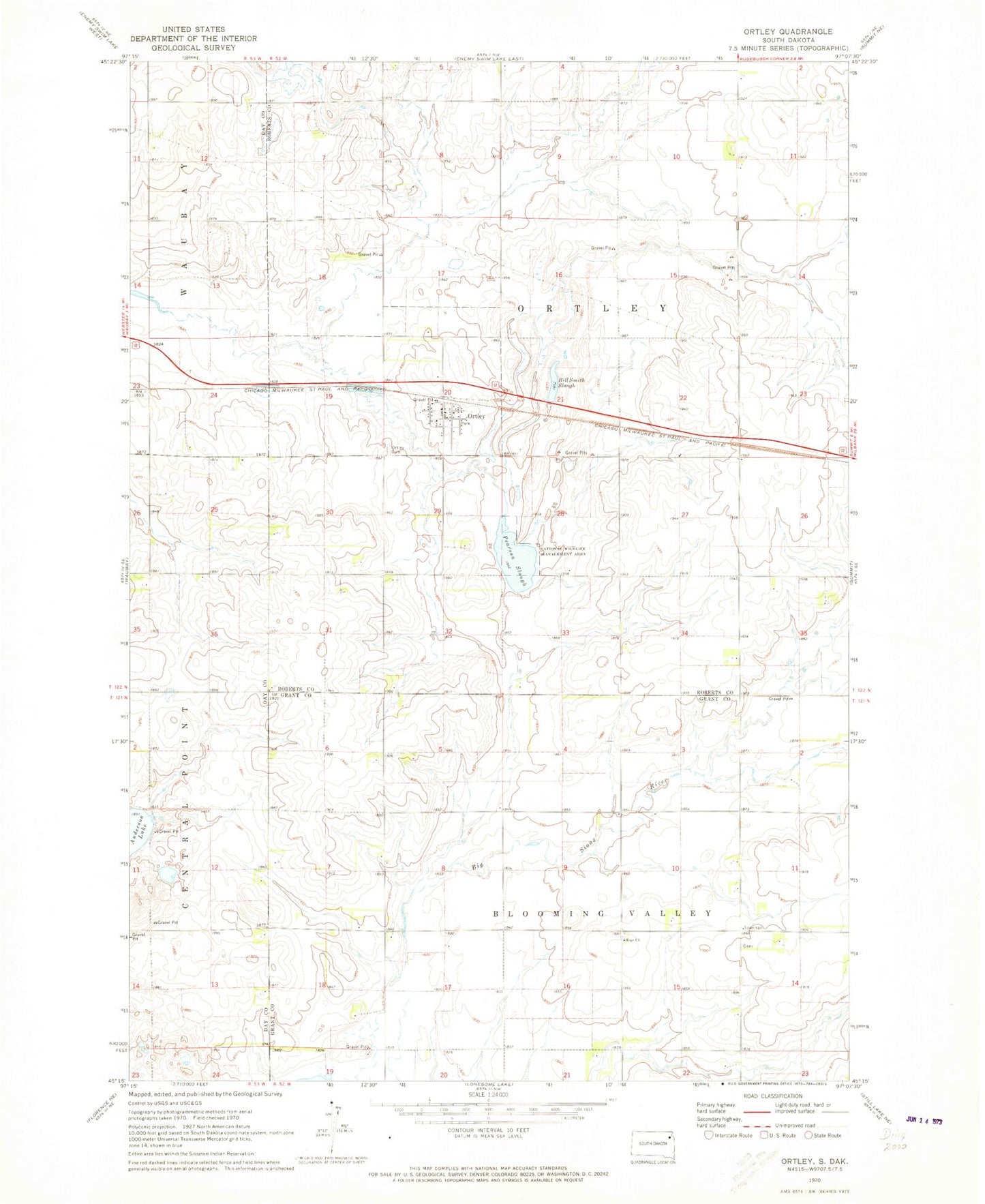 Classic USGS Ortley South Dakota 7.5'x7.5' Topo Map Image