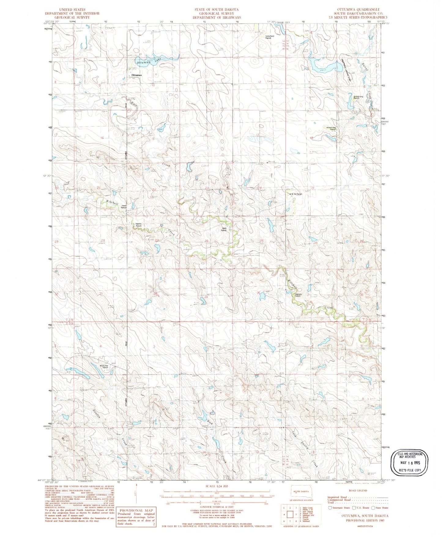 Classic USGS Ottumwa South Dakota 7.5'x7.5' Topo Map Image