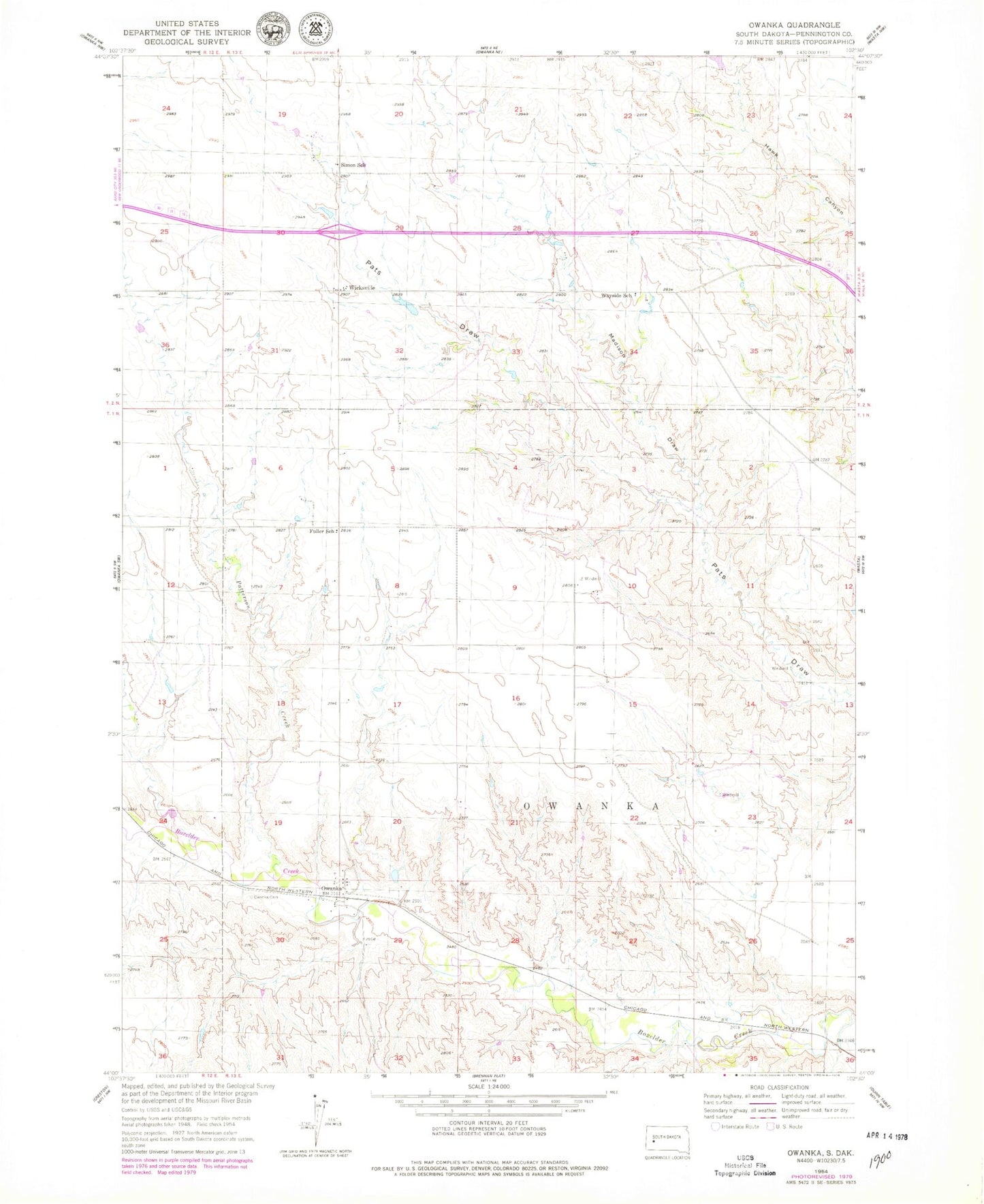 Classic USGS Owanka South Dakota 7.5'x7.5' Topo Map Image