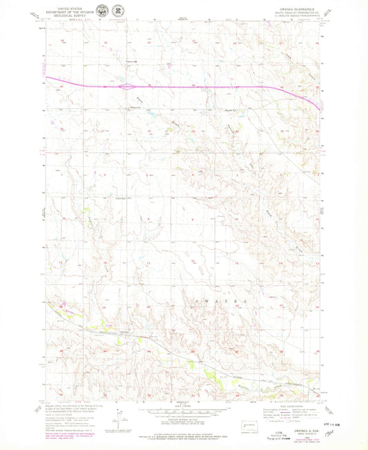 Classic USGS Owanka South Dakota 7.5'x7.5' Topo Map Image