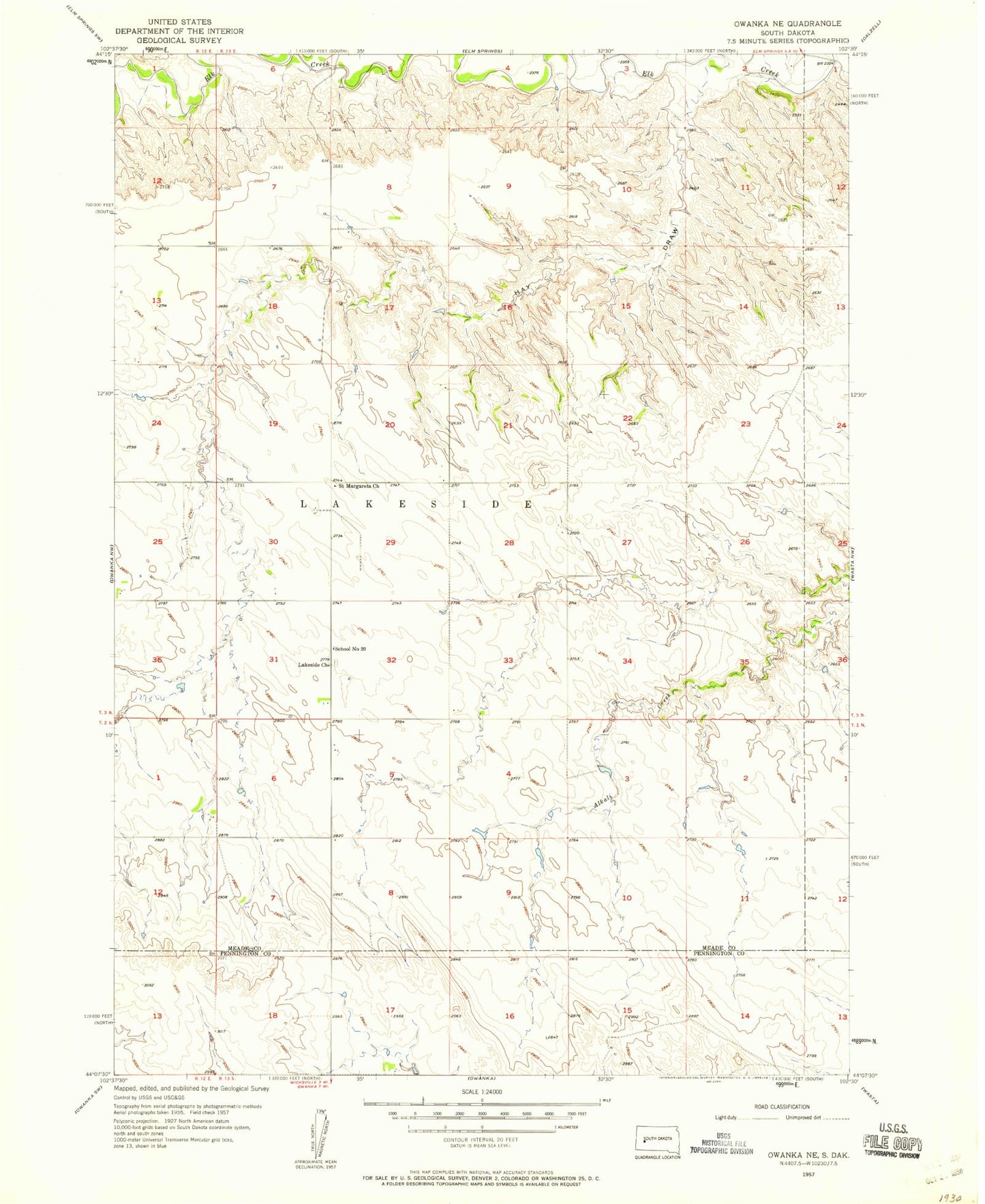 Classic USGS Owanka NE South Dakota 7.5'x7.5' Topo Map Image