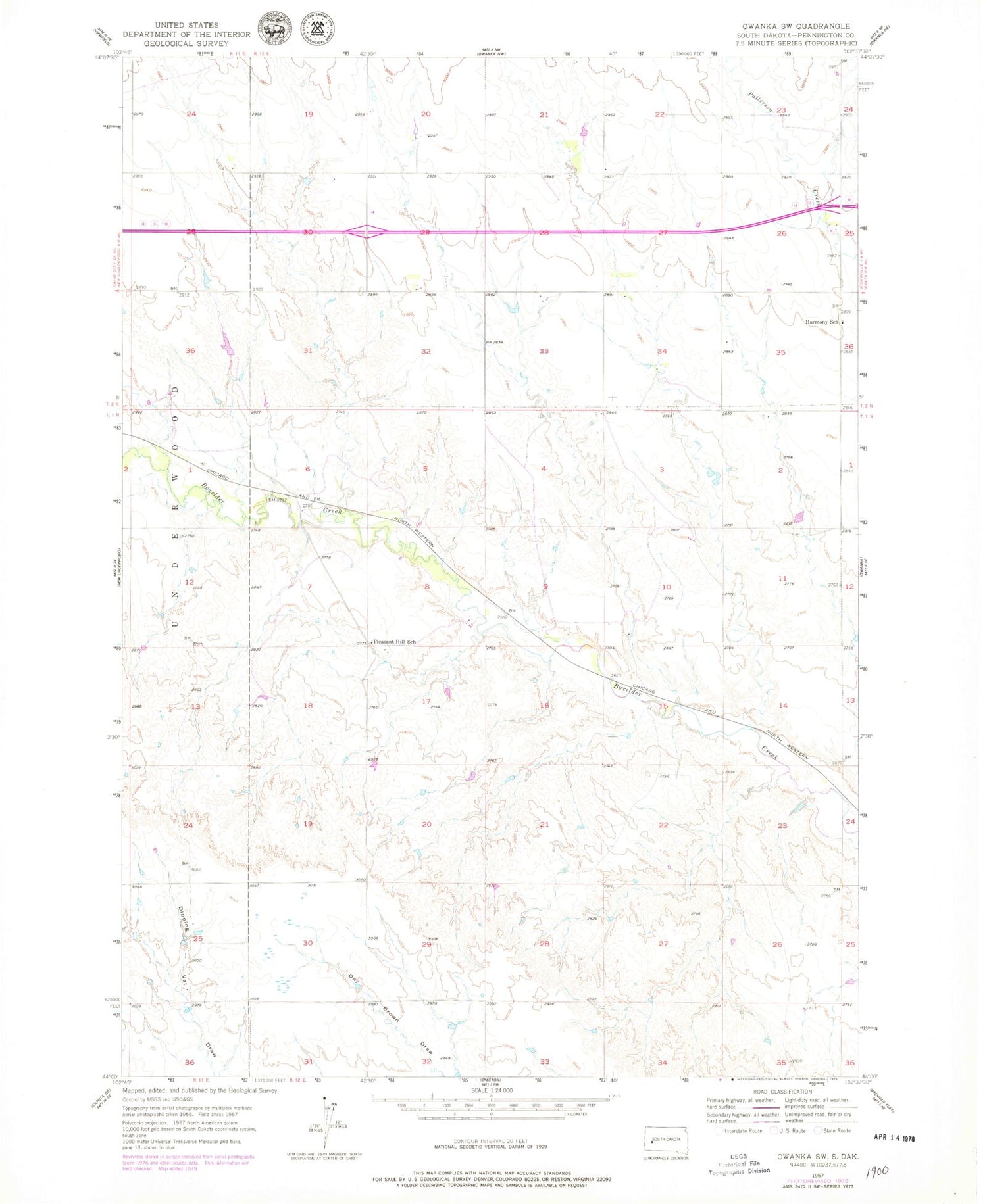 Classic USGS Owanka SW South Dakota 7.5'x7.5' Topo Map Image