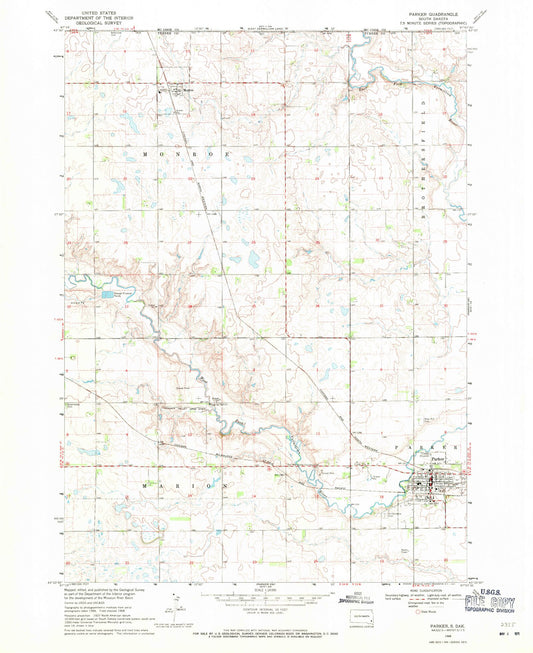 Classic USGS Parker South Dakota 7.5'x7.5' Topo Map Image