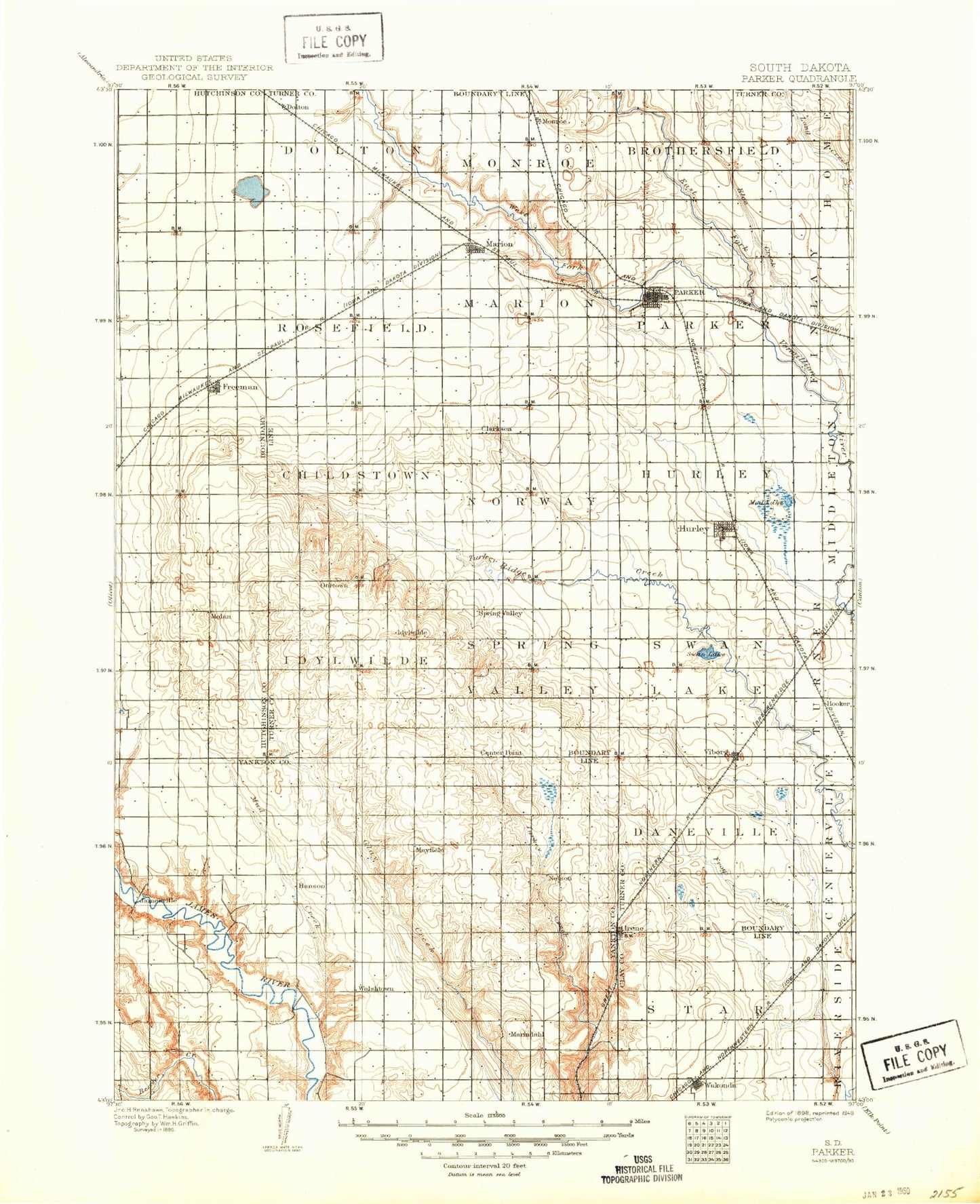 Historic 1898 Parker South Dakota 30'x30' Topo Map Image