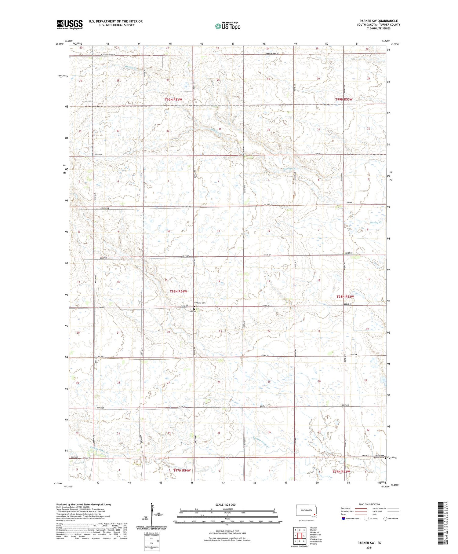 Parker SW South Dakota US Topo Map Image