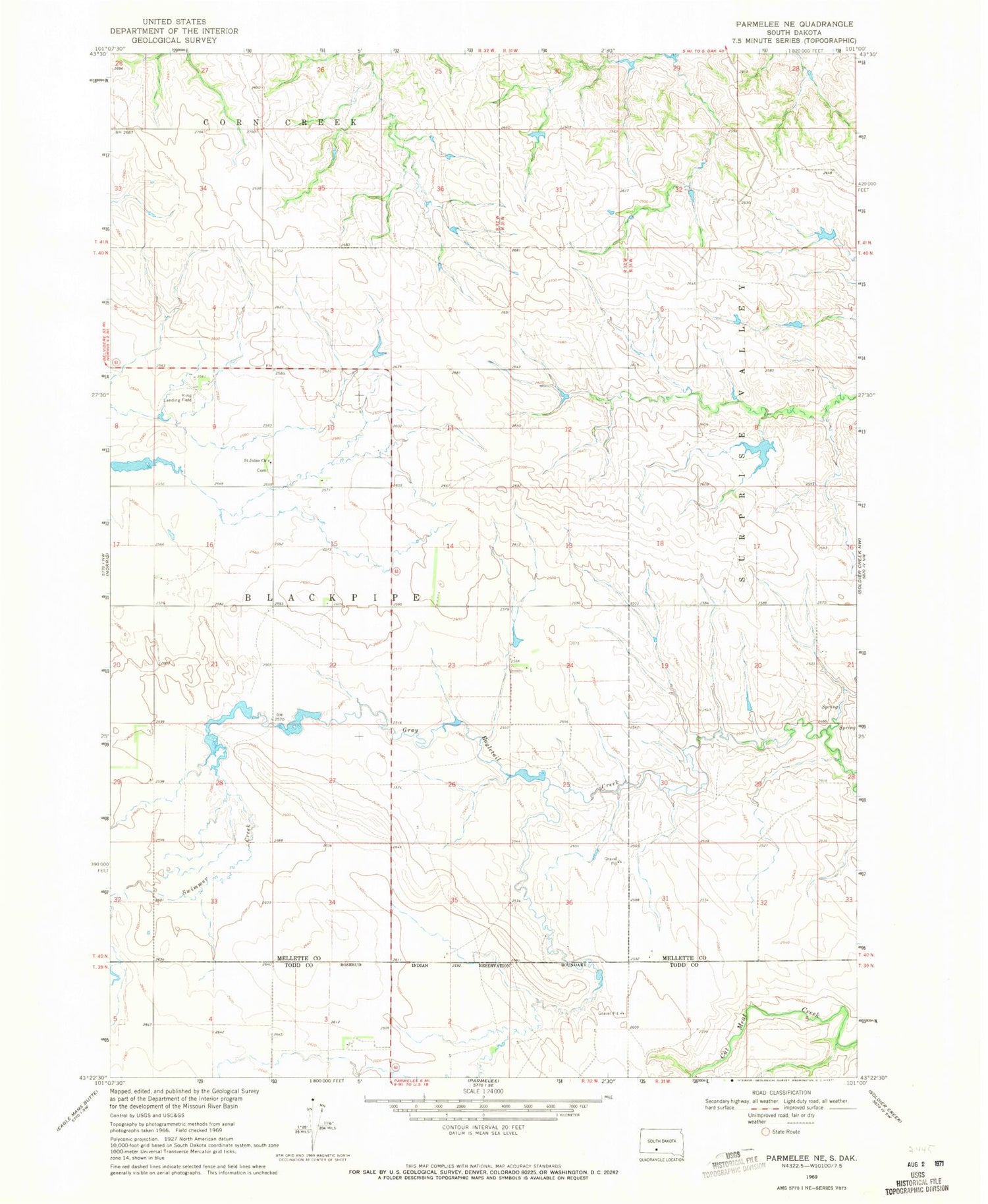 Classic USGS Parmelee NE South Dakota 7.5'x7.5' Topo Map Image