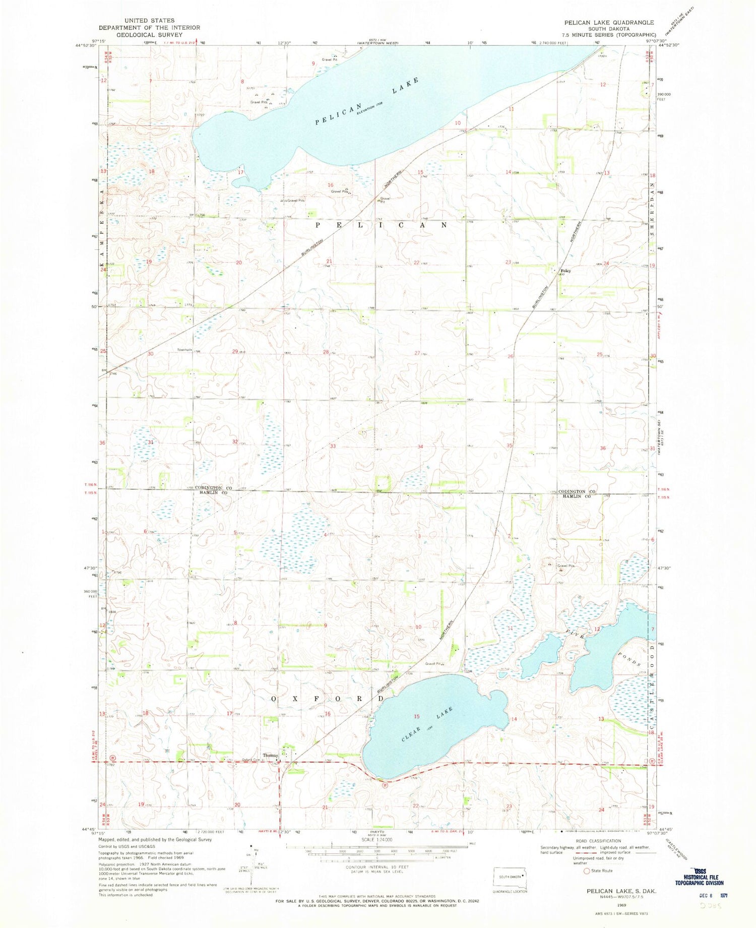 Classic USGS Pelican Lake South Dakota 7.5'x7.5' Topo Map Image