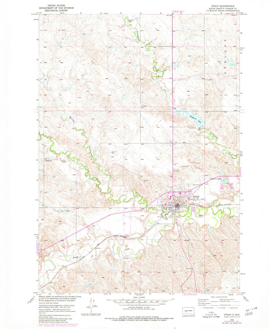 Classic USGS Philip South Dakota 7.5'x7.5' Topo Map Image