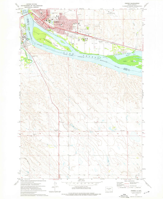 Classic USGS Pierre South Dakota 7.5'x7.5' Topo Map Image