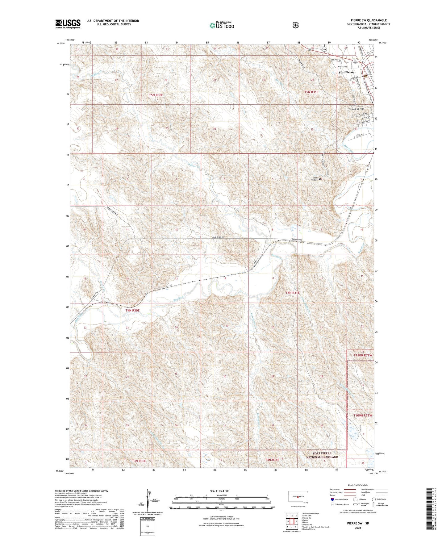 Pierre SW South Dakota US Topo Map Image