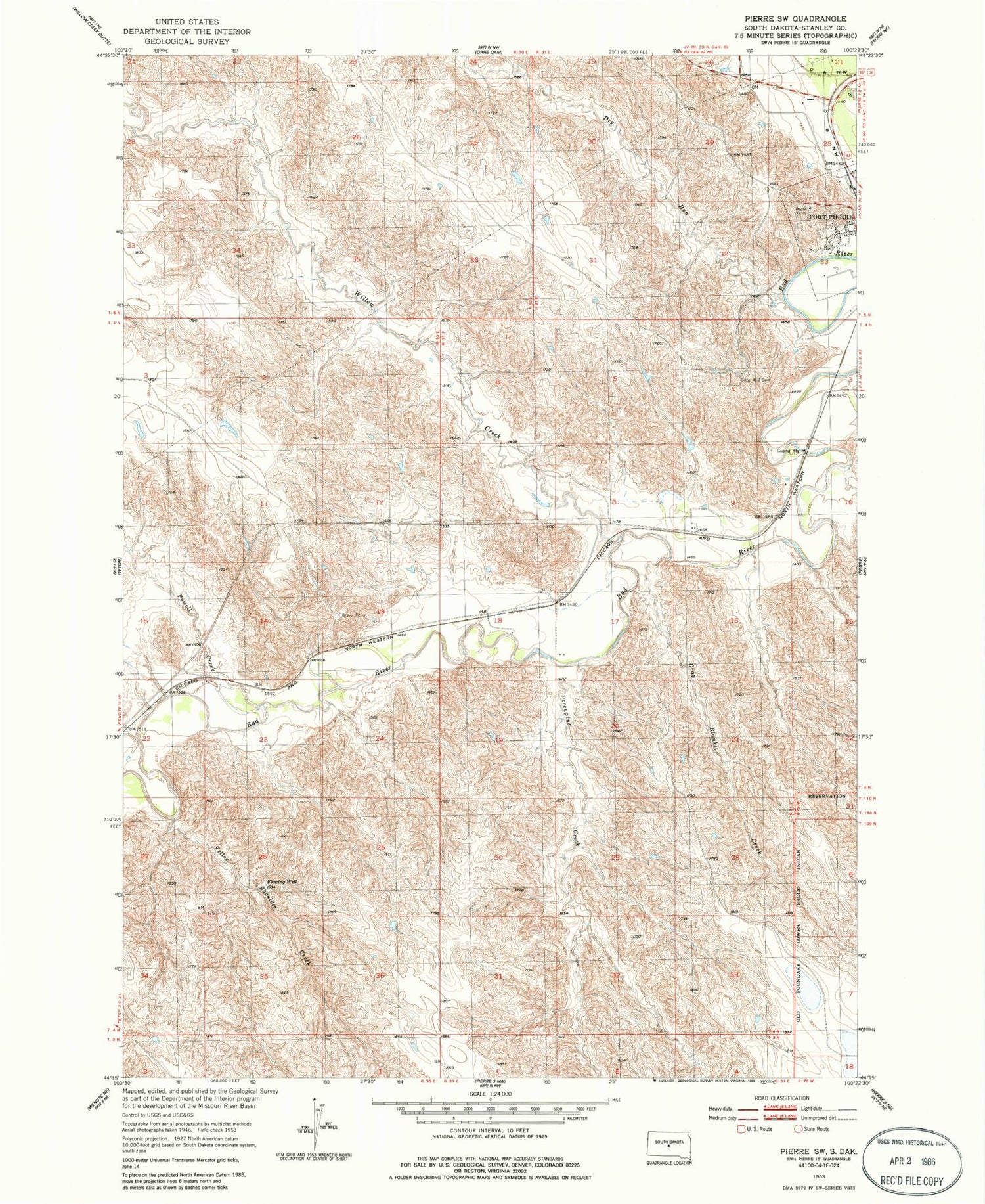 Classic USGS Pierre SW South Dakota 7.5'x7.5' Topo Map Image