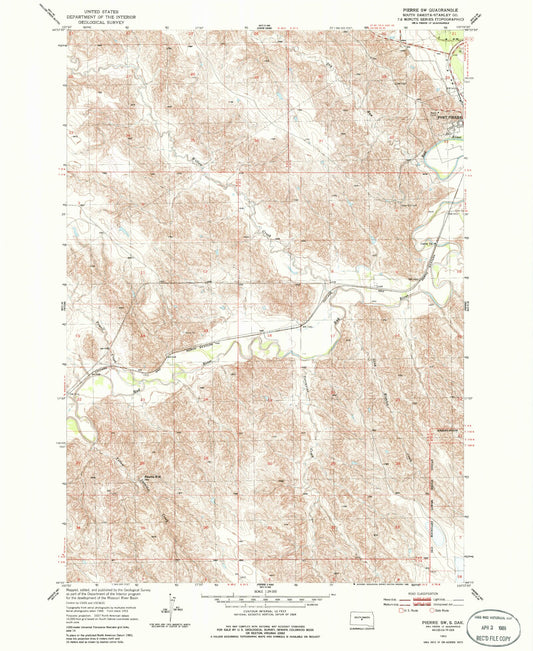 Classic USGS Pierre SW South Dakota 7.5'x7.5' Topo Map Image