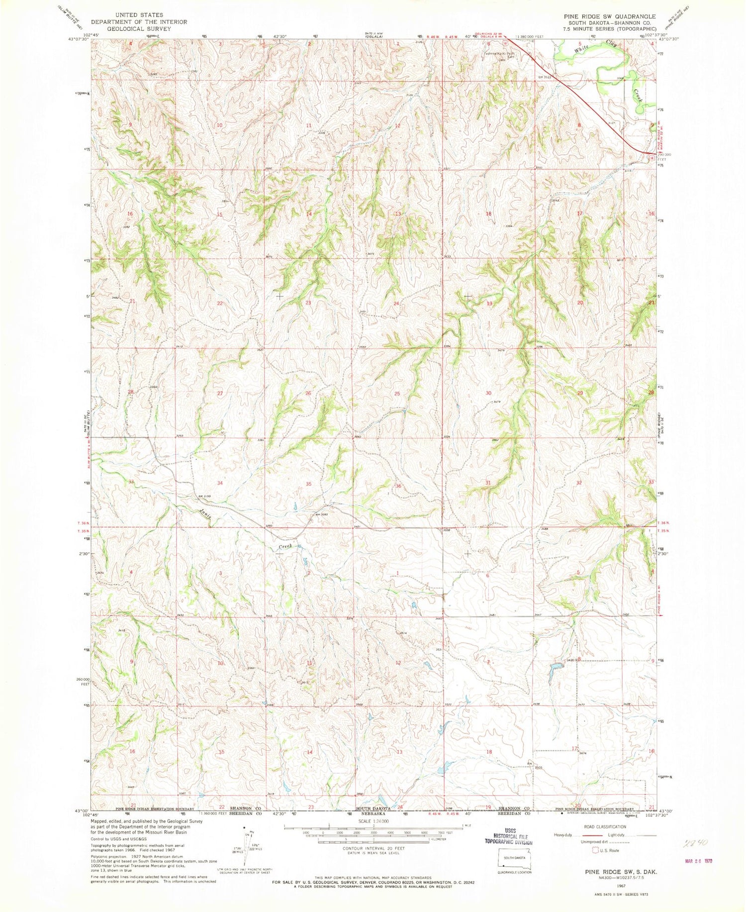 Classic USGS Pine Ridge SW South Dakota 7.5'x7.5' Topo Map Image