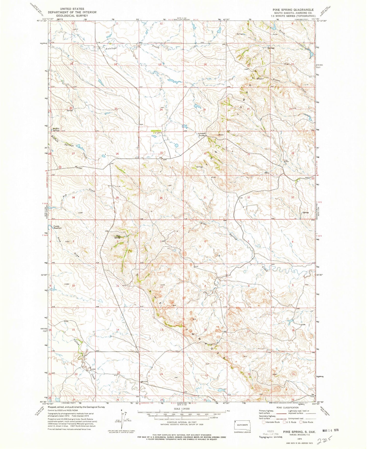 Classic USGS Pine Spring South Dakota 7.5'x7.5' Topo Map Image
