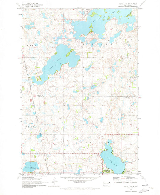 Classic USGS Piyas Lake South Dakota 7.5'x7.5' Topo Map Image