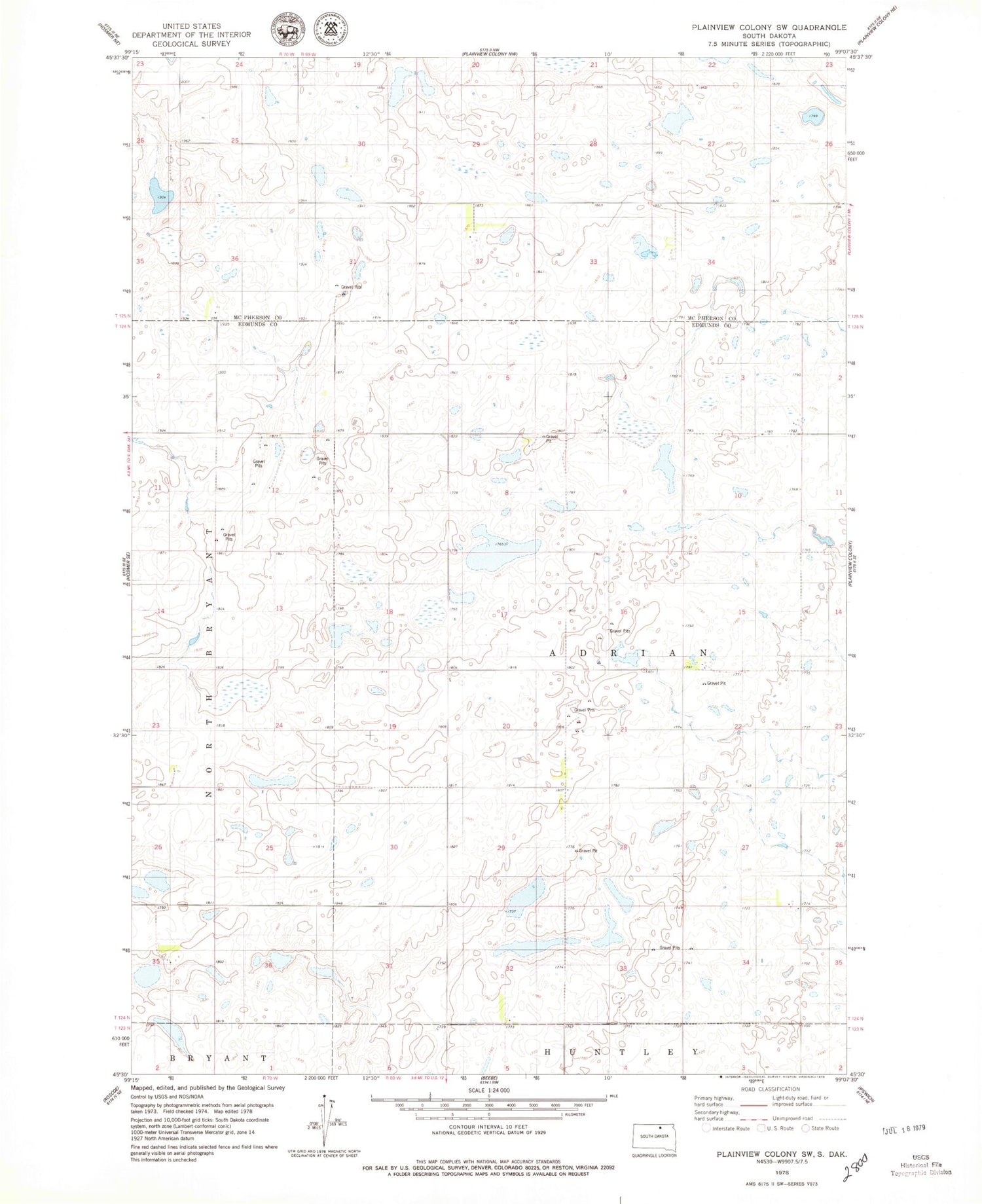 Classic USGS Plainview Colony SW South Dakota 7.5'x7.5' Topo Map Image