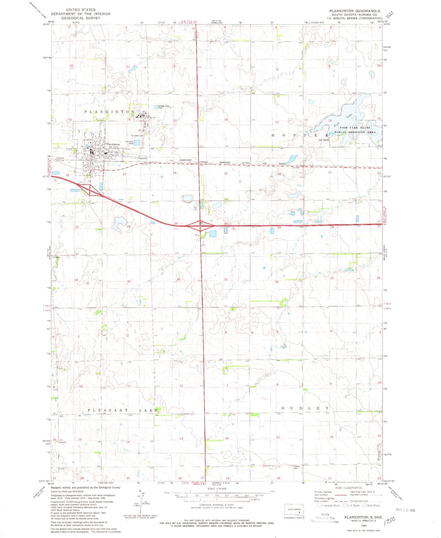 Classic USGS Plankinton South Dakota 7.5'x7.5' Topo Map Image