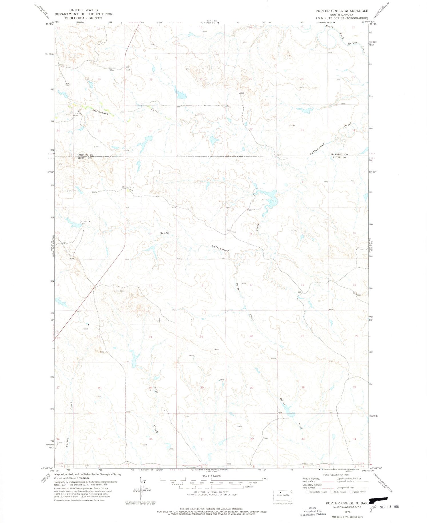 Classic USGS Porter Creek South Dakota 7.5'x7.5' Topo Map Image