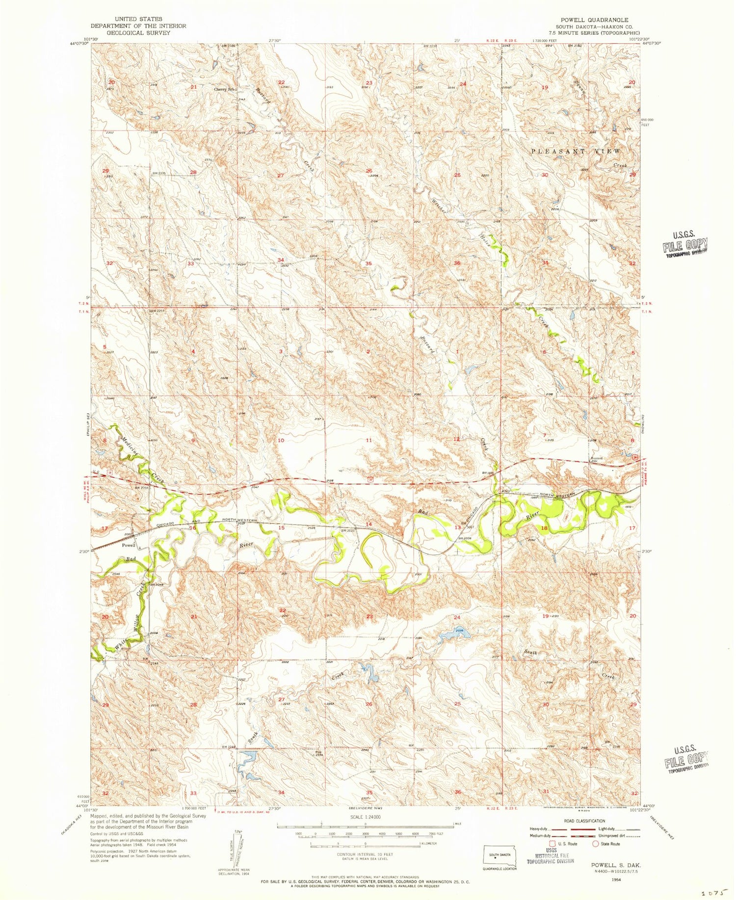 Classic USGS Powell South Dakota 7.5'x7.5' Topo Map Image