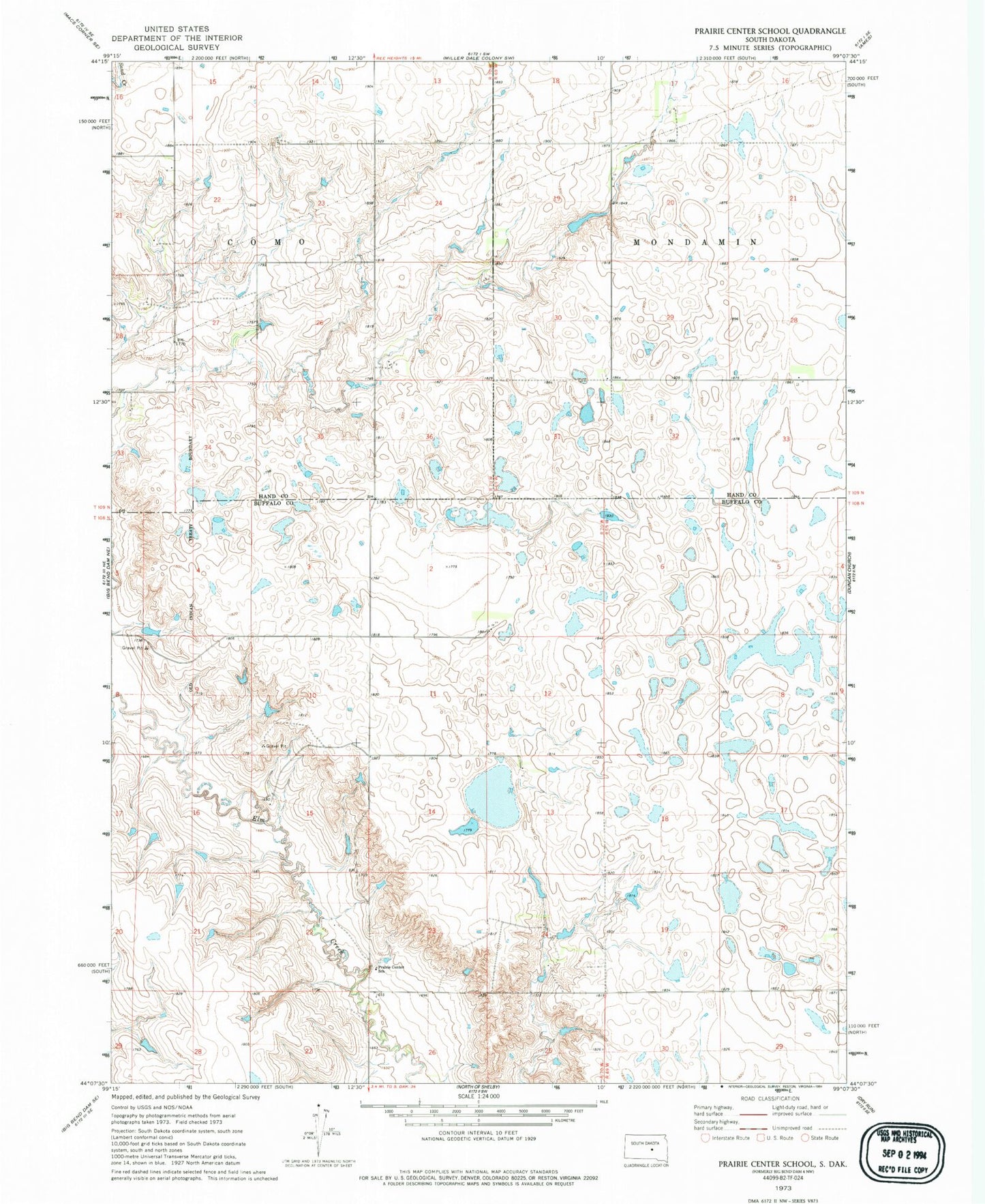 Classic USGS Prairie Center School South Dakota 7.5'x7.5' Topo Map Image