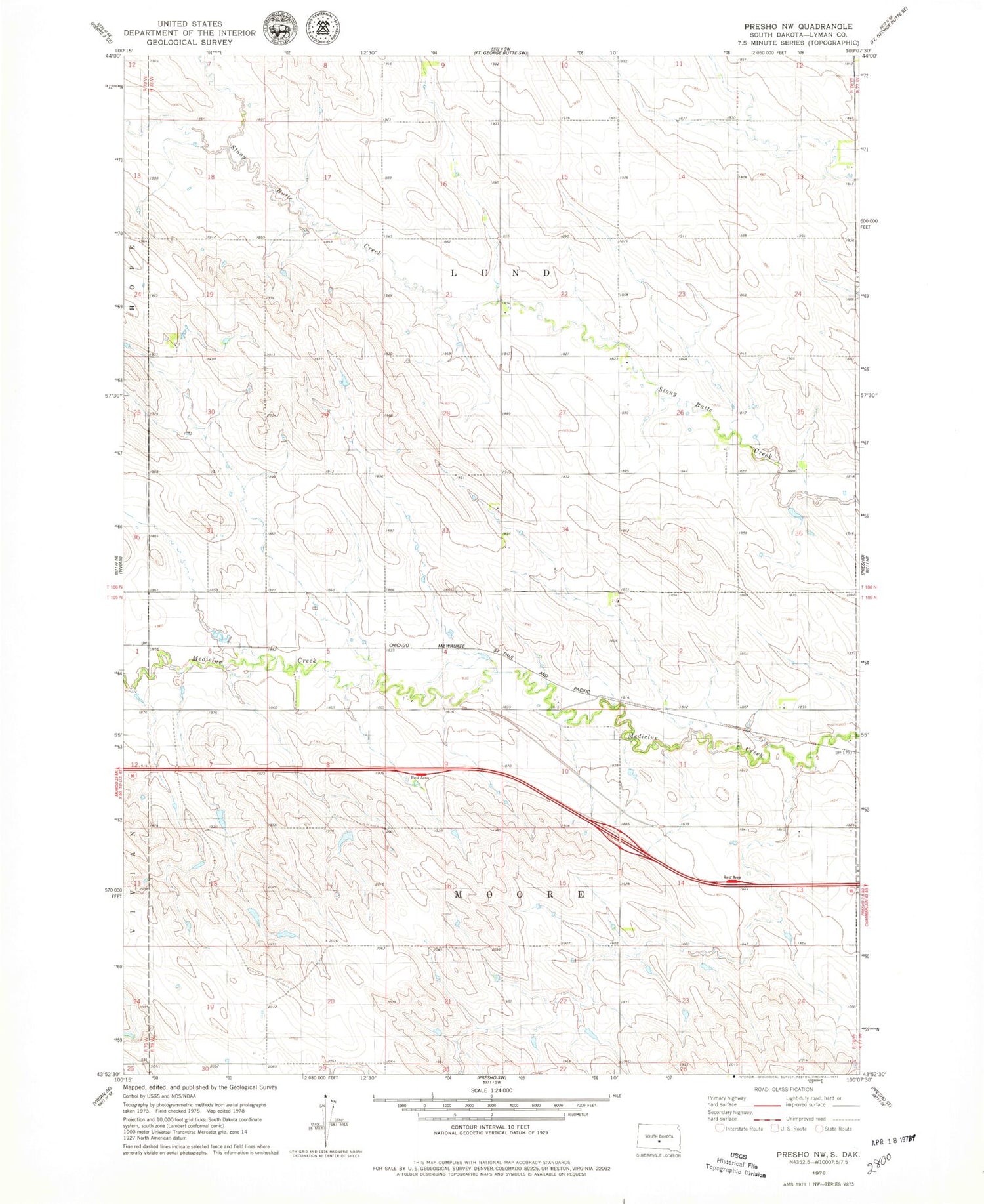 Classic USGS Presho NW South Dakota 7.5'x7.5' Topo Map Image