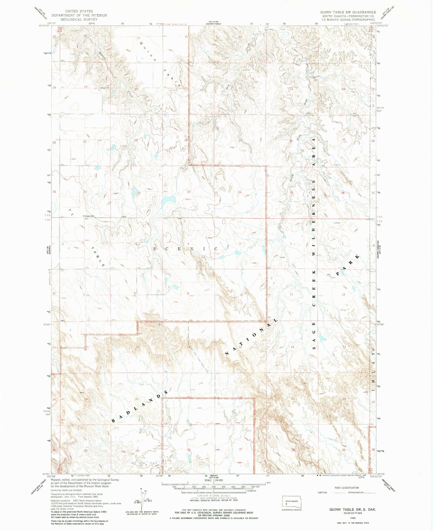 Classic USGS Quinn Table SW South Dakota 7.5'x7.5' Topo Map Image