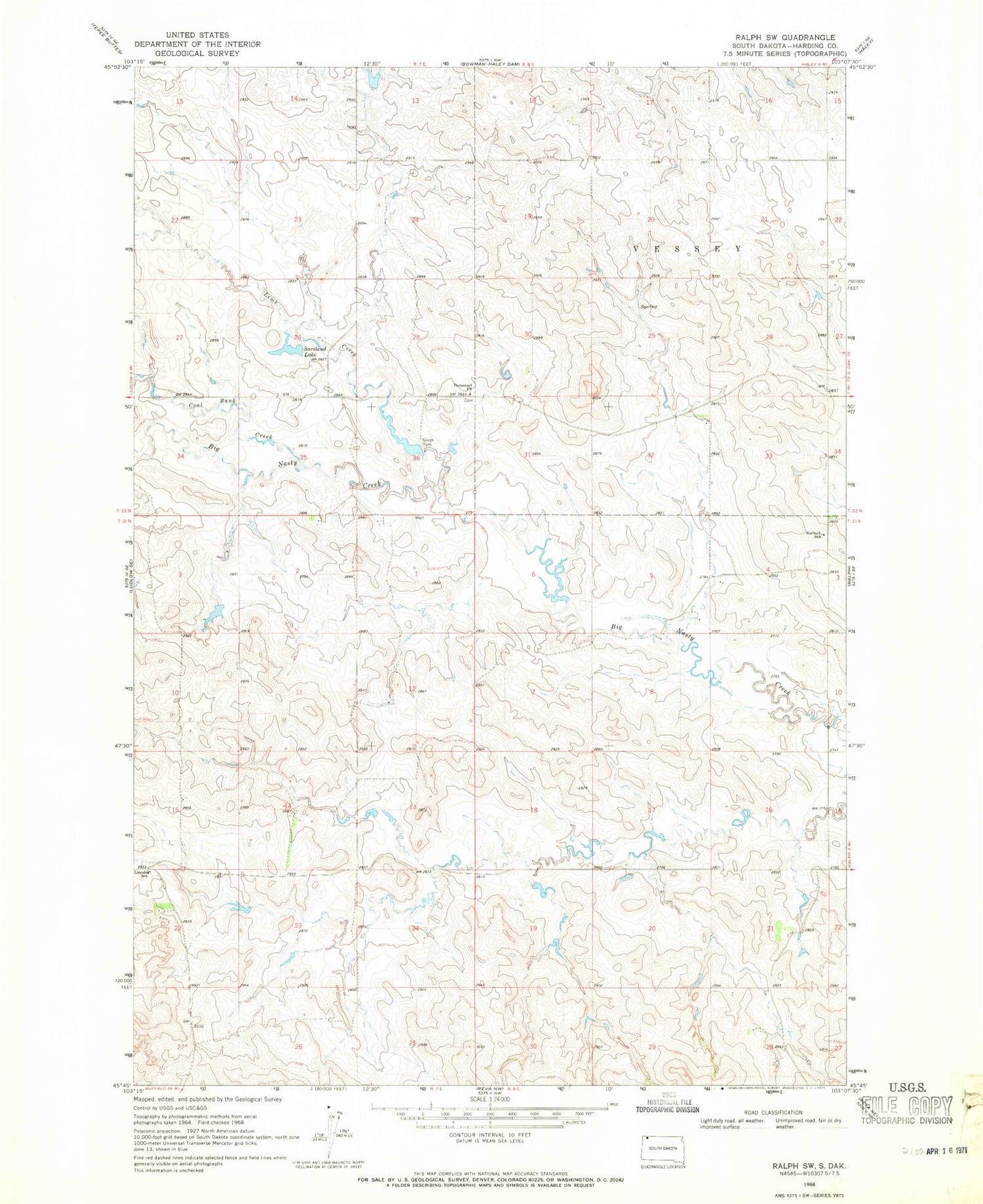 Classic USGS Ralph SW South Dakota 7.5'x7.5' Topo Map Image