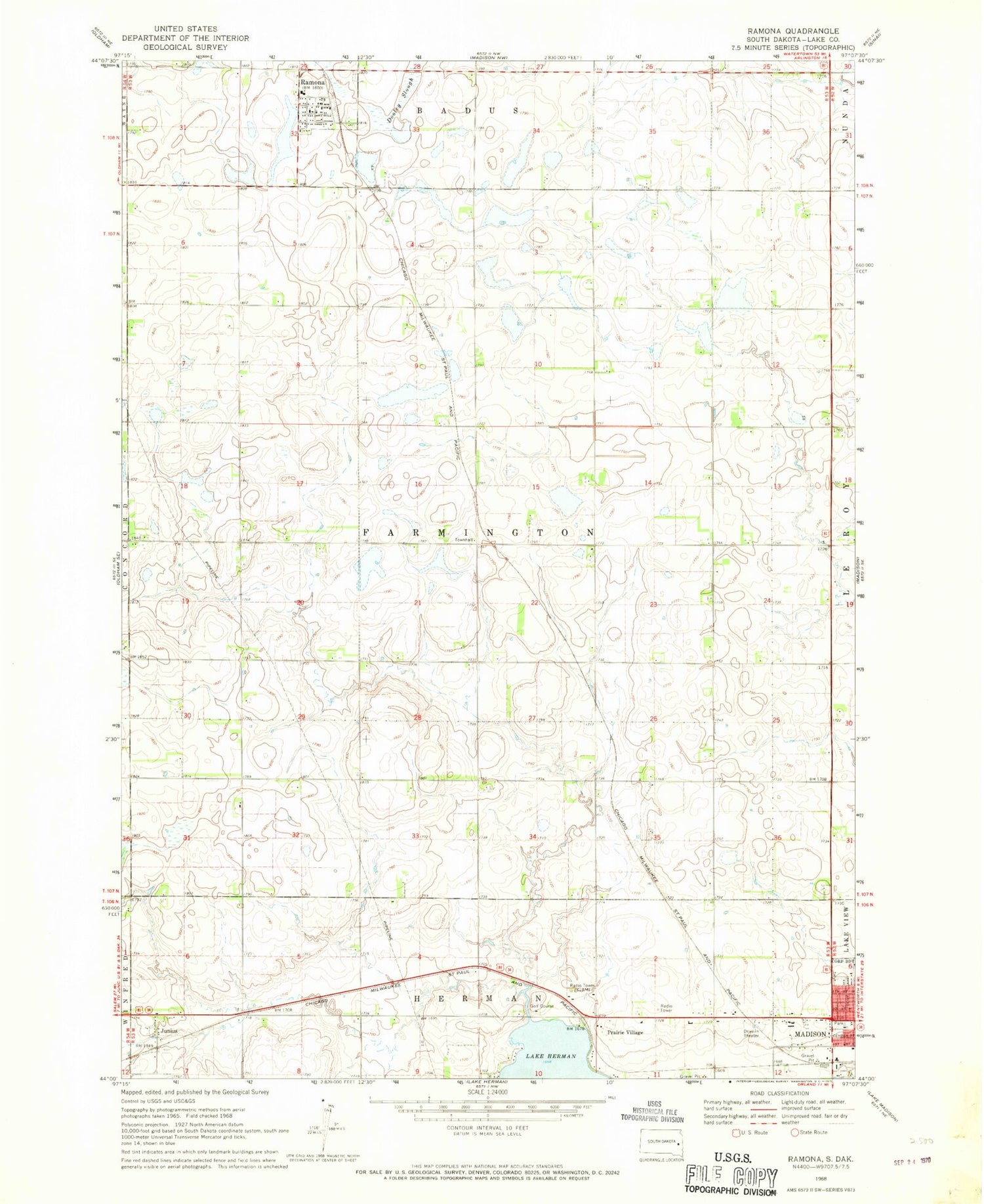 Classic USGS Ramona South Dakota 7.5'x7.5' Topo Map Image