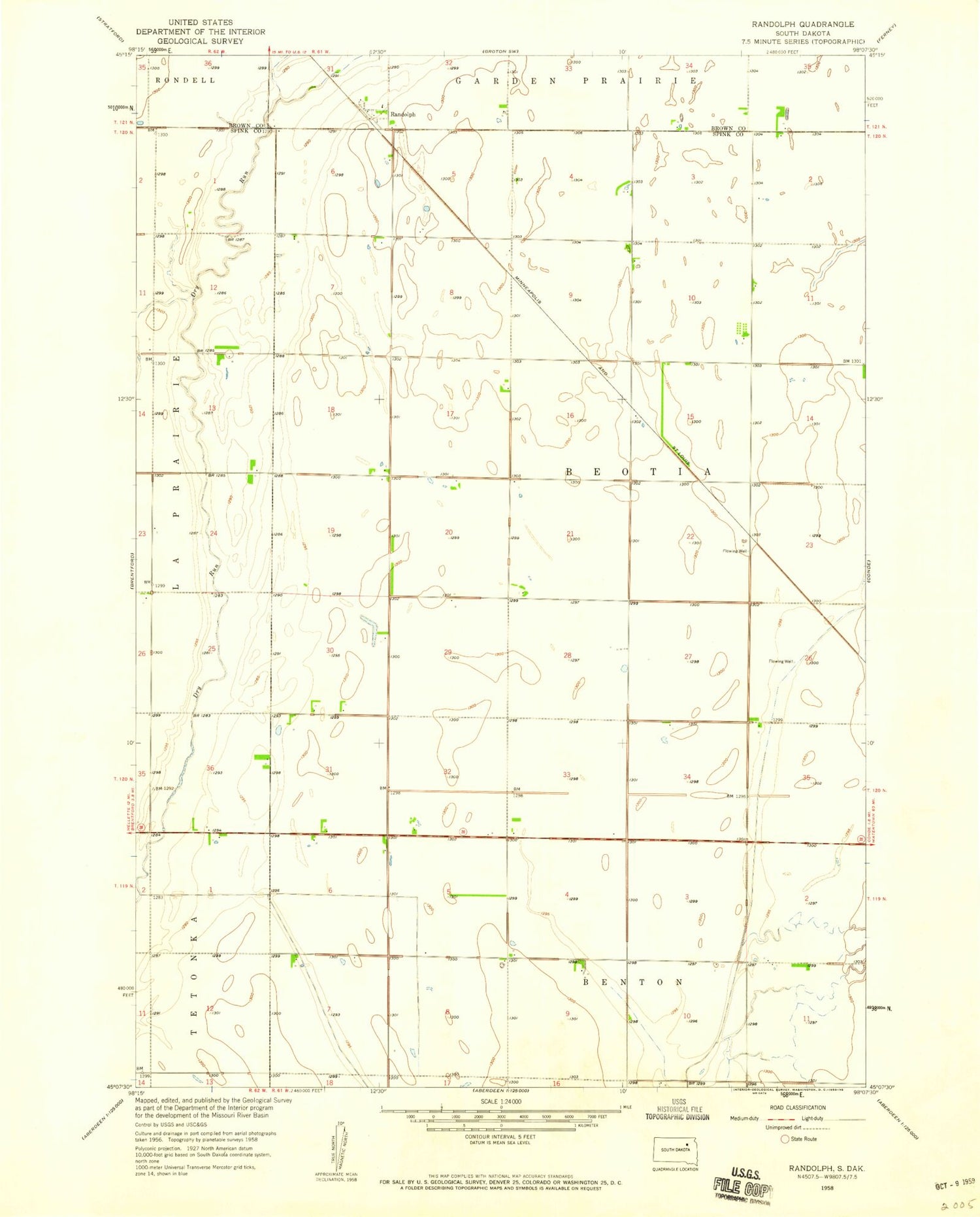 Classic USGS Randolph South Dakota 7.5'x7.5' Topo Map Image