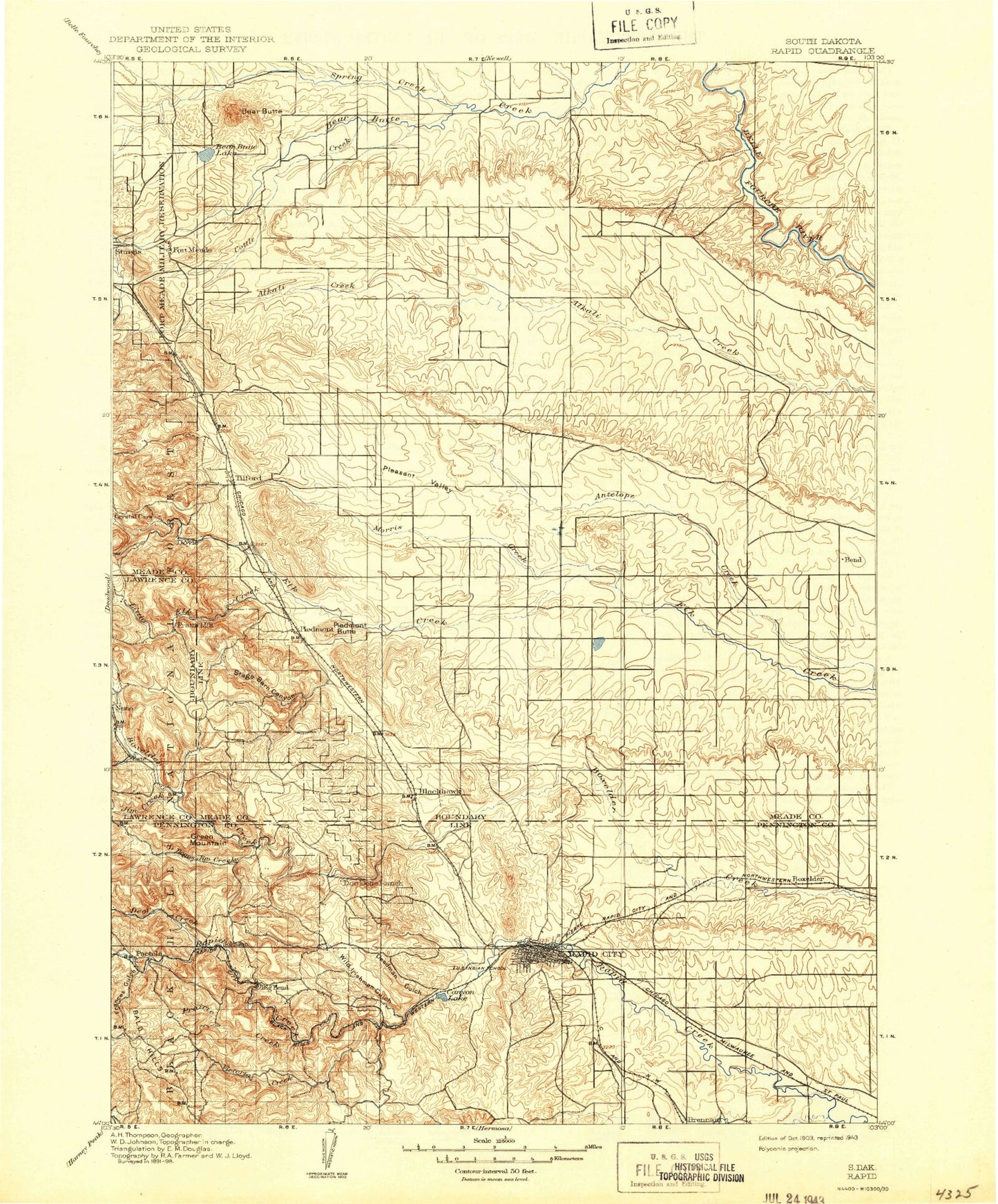 Historic 1903 Rapid South Dakota 30'x30' Topo Map Image