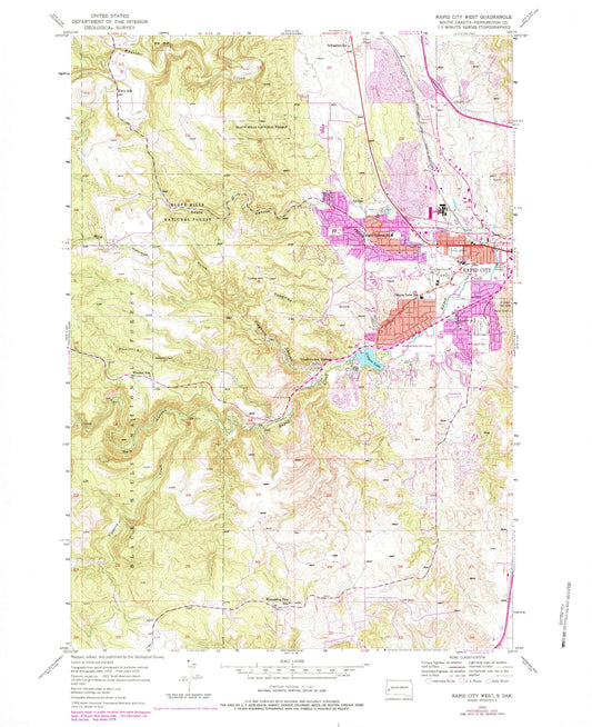 Classic USGS Rapid City West South Dakota 7.5'x7.5' Topo Map Image