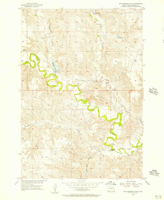 Classic USGS Rattlesnake Lake South Dakota 7.5'x7.5' Topo Map Image