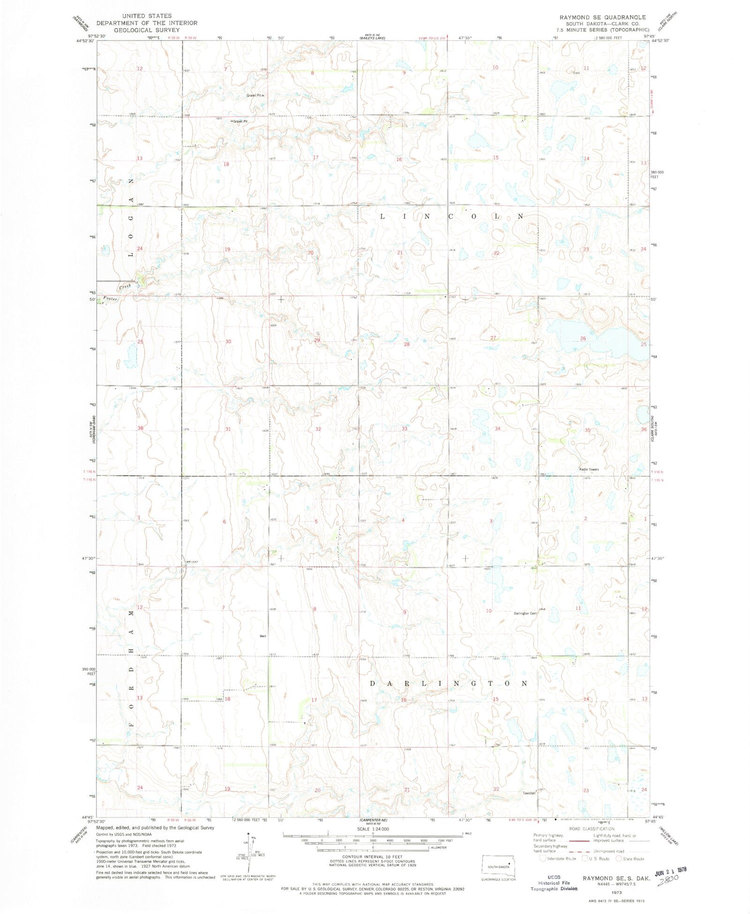 Classic USGS Raymond SE South Dakota 7.5'x7.5' Topo Map Image