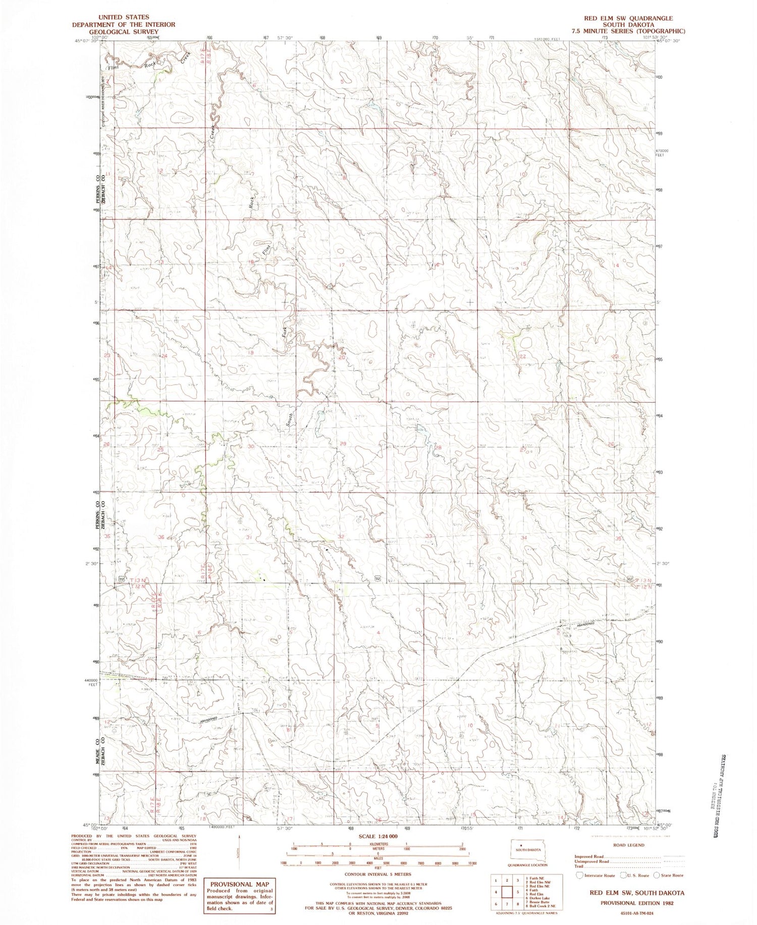 Classic USGS Red Elm SW South Dakota 7.5'x7.5' Topo Map Image