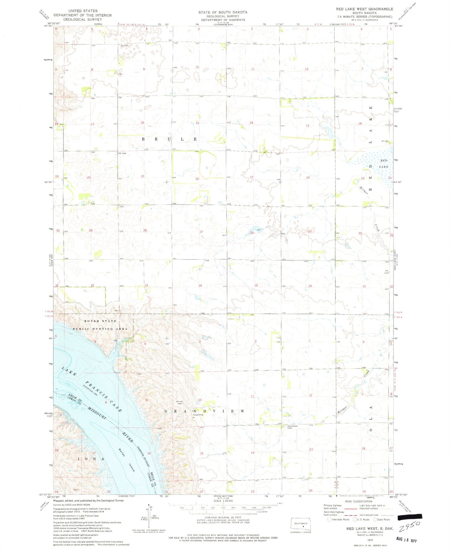 Classic USGS Red Lake West South Dakota 7.5'x7.5' Topo Map Image