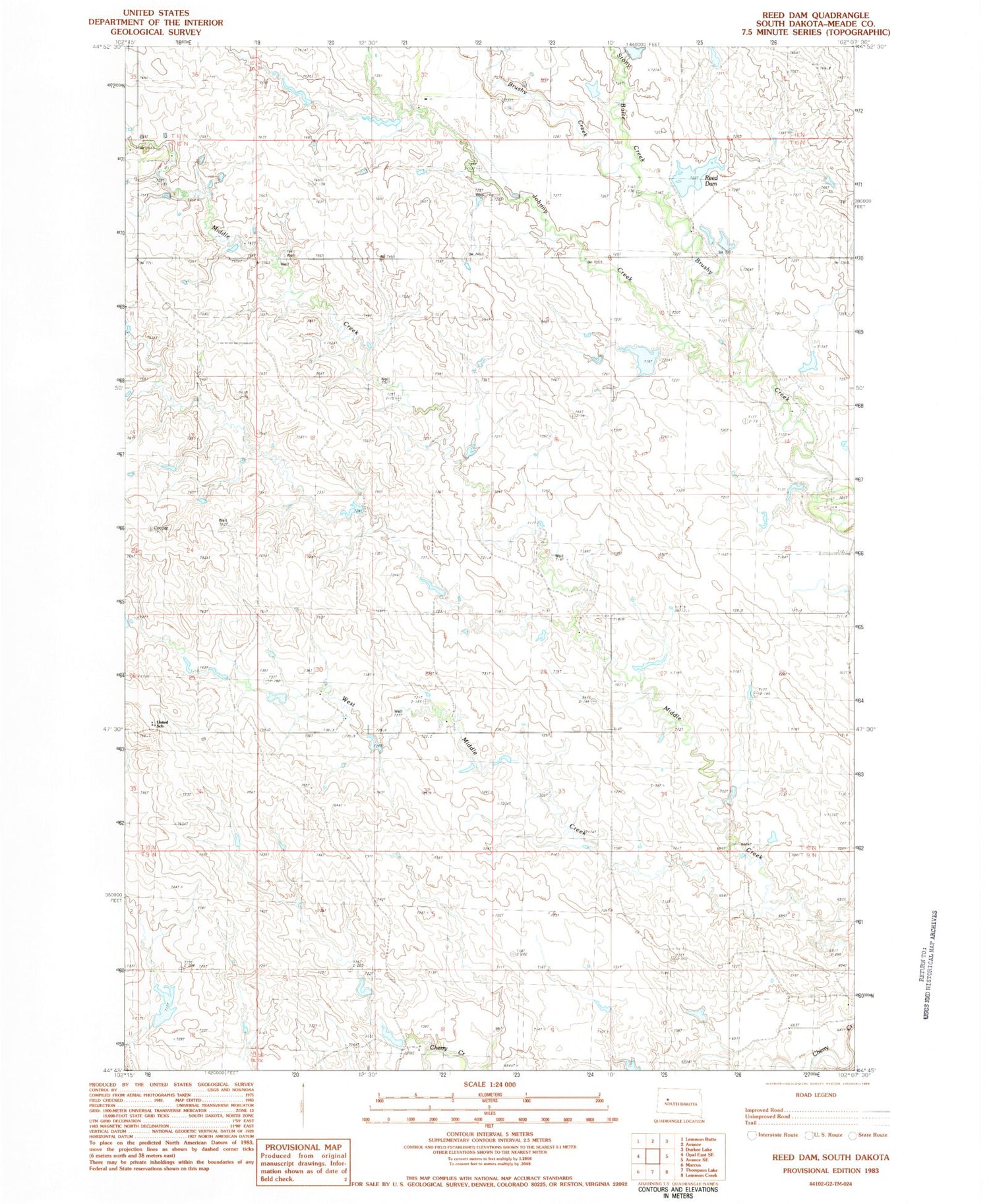 Classic USGS Reed Dam South Dakota 7.5'x7.5' Topo Map Image