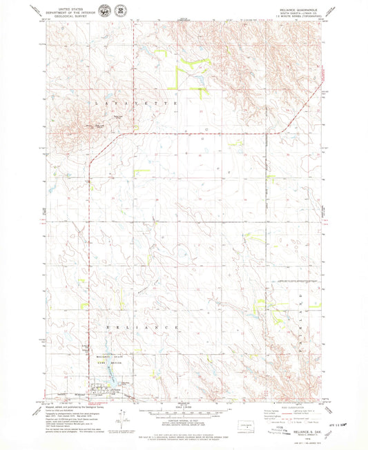 Classic USGS Reliance South Dakota 7.5'x7.5' Topo Map Image