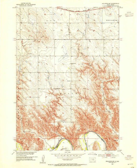 Classic USGS Reliance SW South Dakota 7.5'x7.5' Topo Map Image