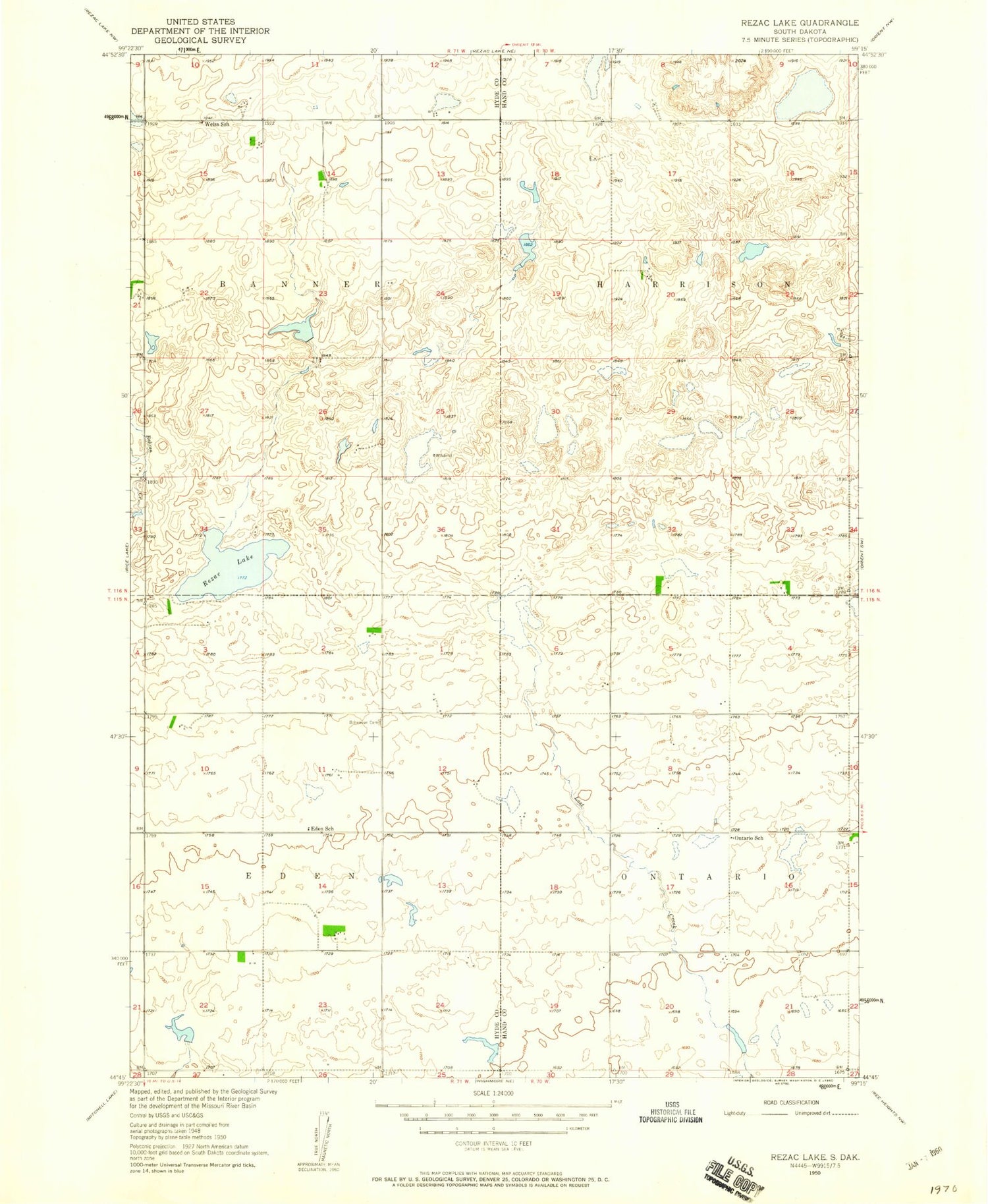 Classic USGS Rezac Lake South Dakota 7.5'x7.5' Topo Map Image