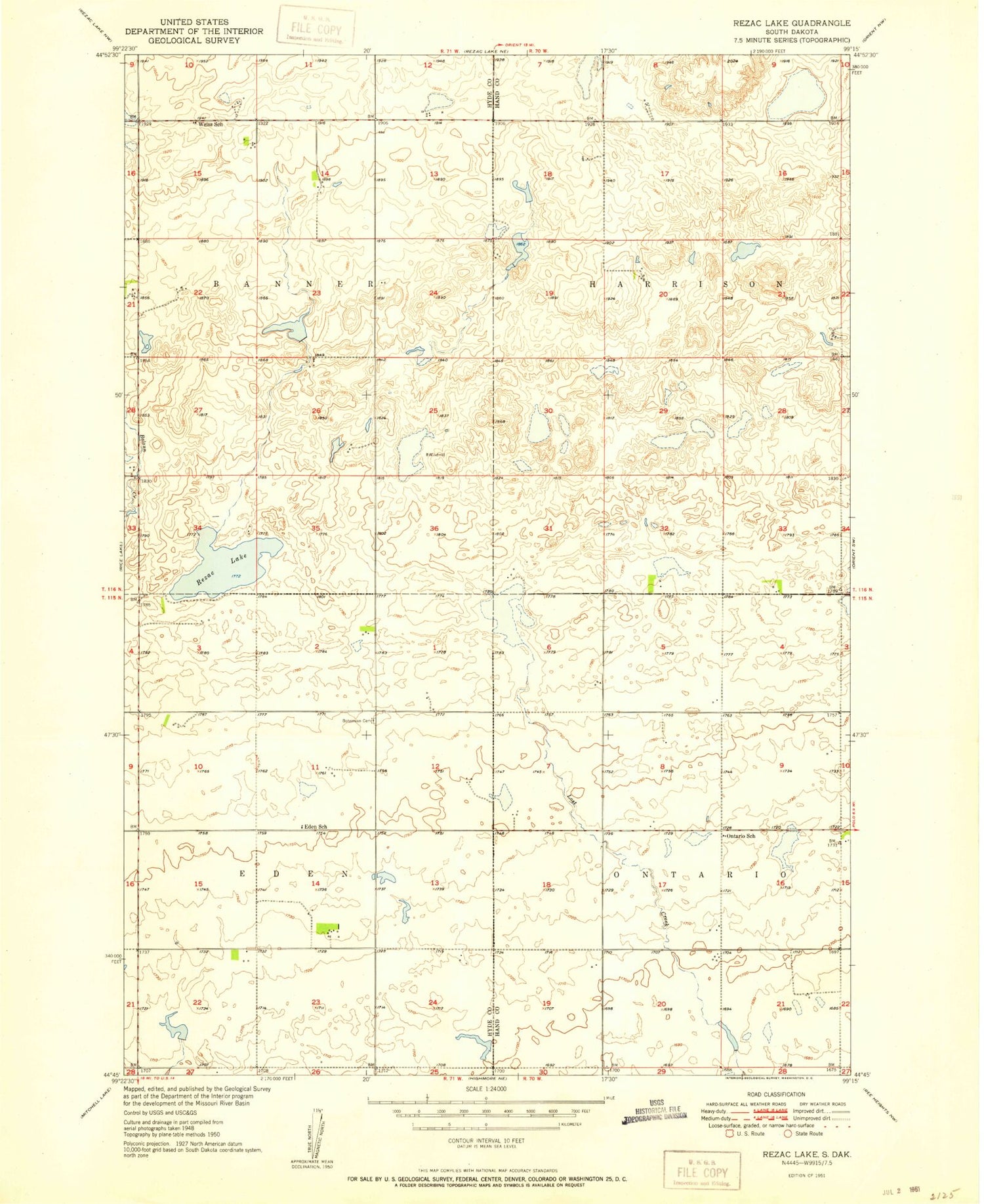 Classic USGS Rezac Lake South Dakota 7.5'x7.5' Topo Map Image