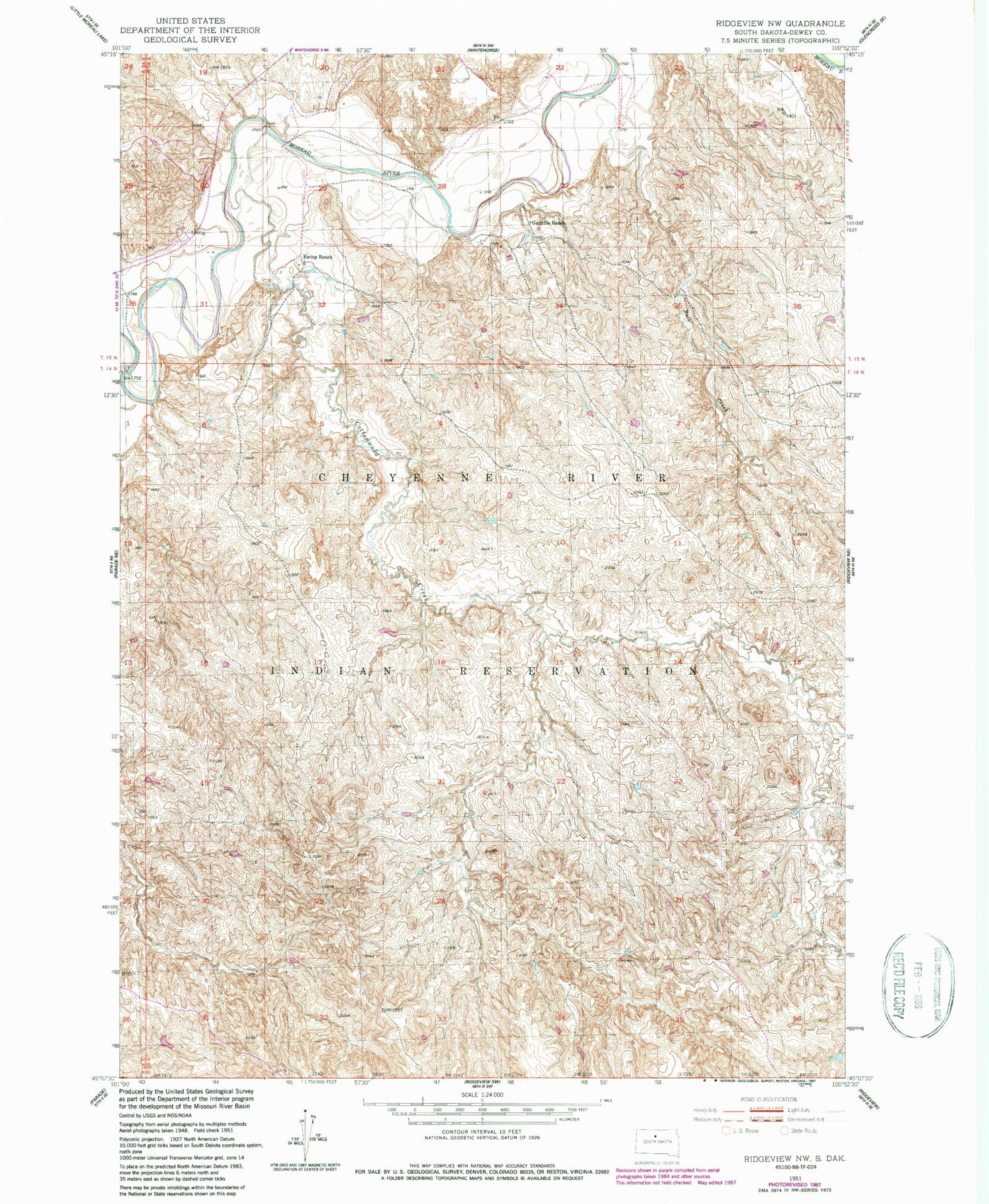 Classic USGS Ridgeview NW South Dakota 7.5'x7.5' Topo Map Image