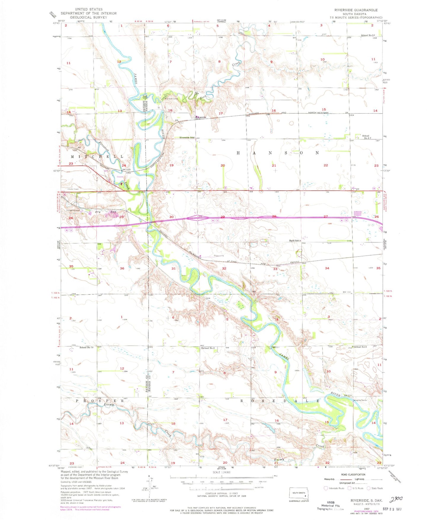 Classic USGS Riverside South Dakota 7.5'x7.5' Topo Map Image