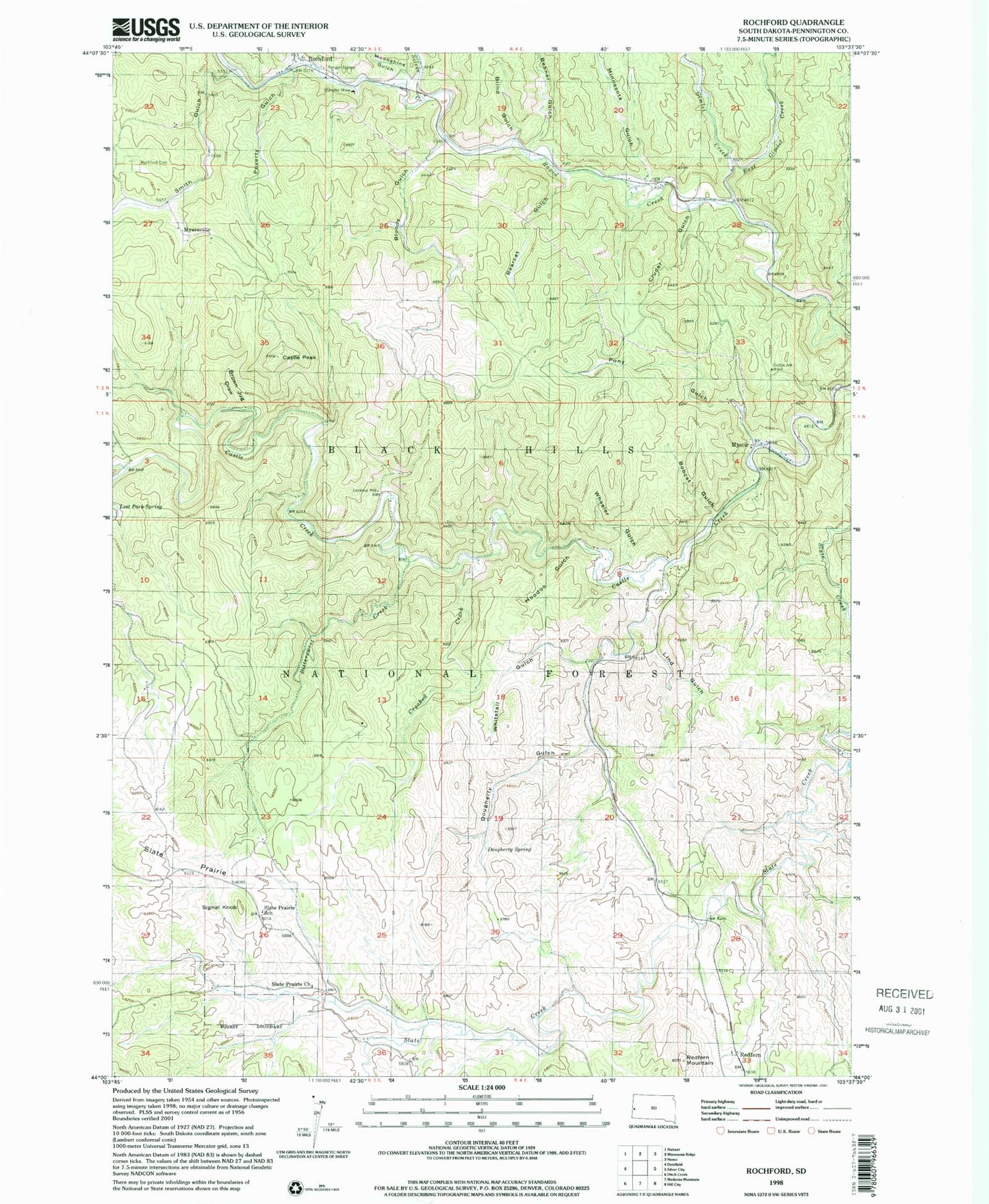 Classic USGS Rochford South Dakota 7.5'x7.5' Topo Map Image