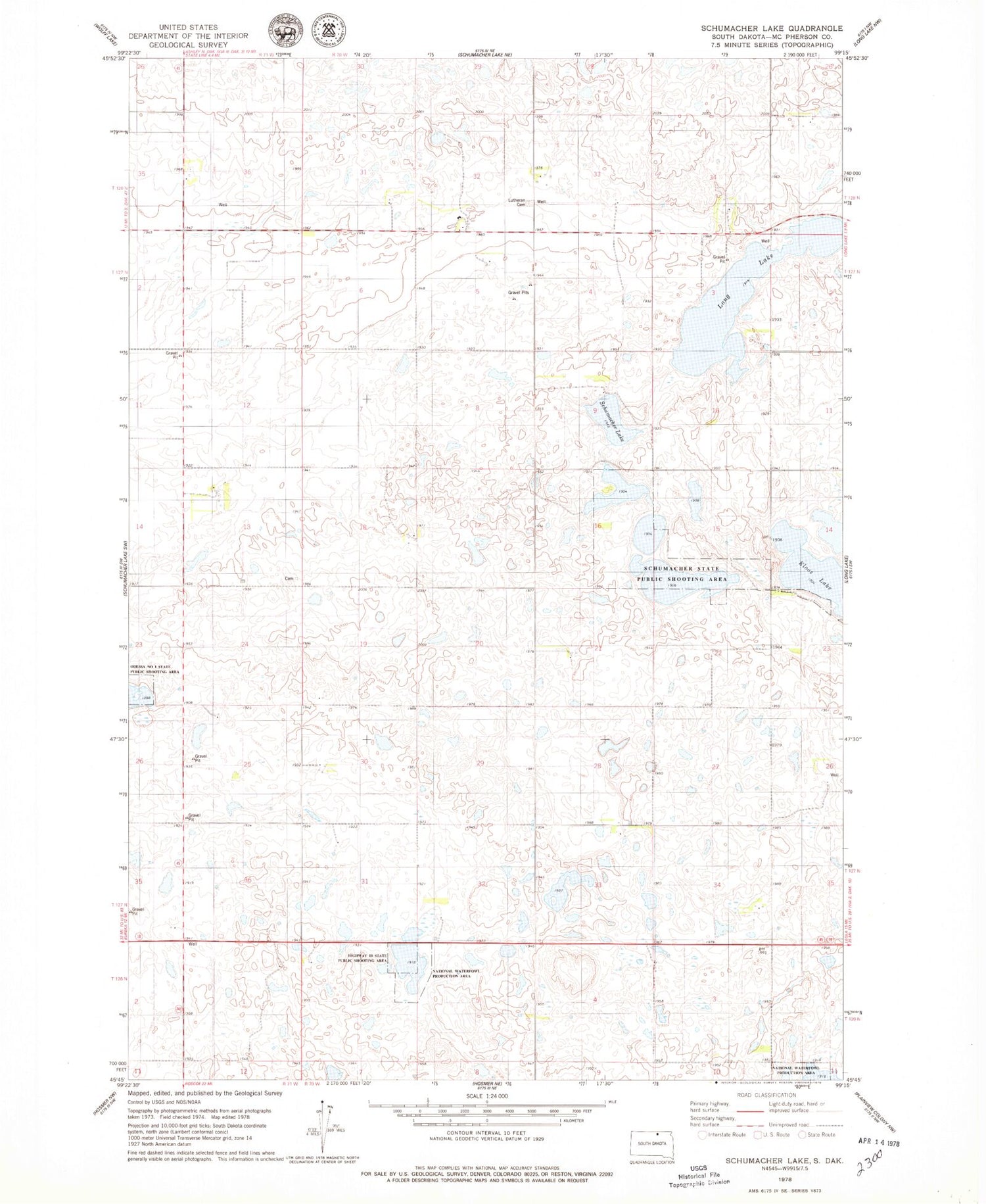 Classic USGS Schumacher Lake South Dakota 7.5'x7.5' Topo Map Image