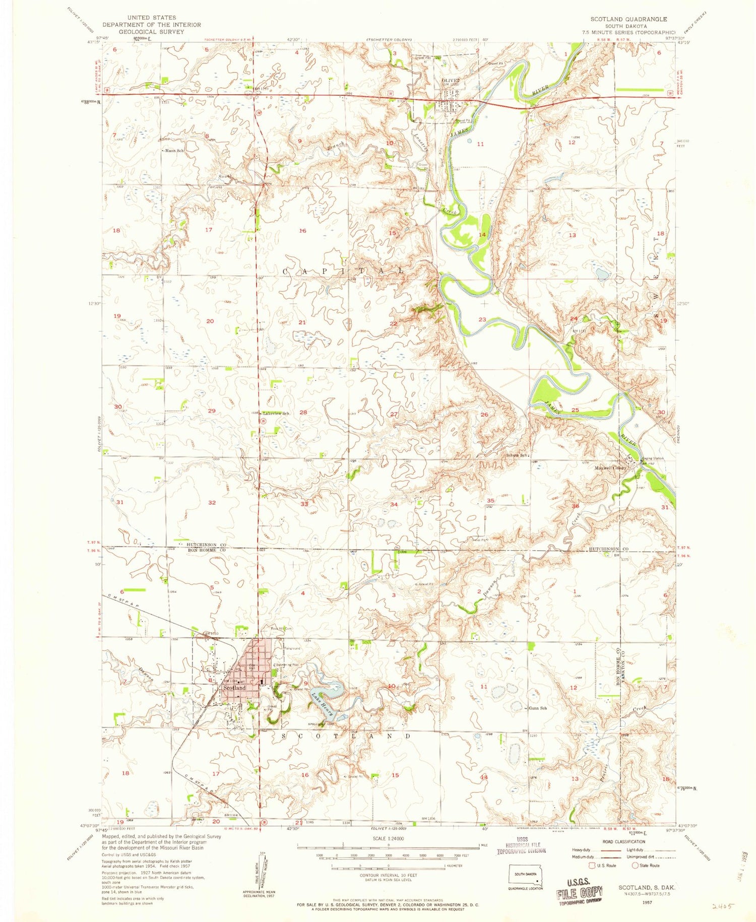 Classic USGS Scotland South Dakota 7.5'x7.5' Topo Map Image